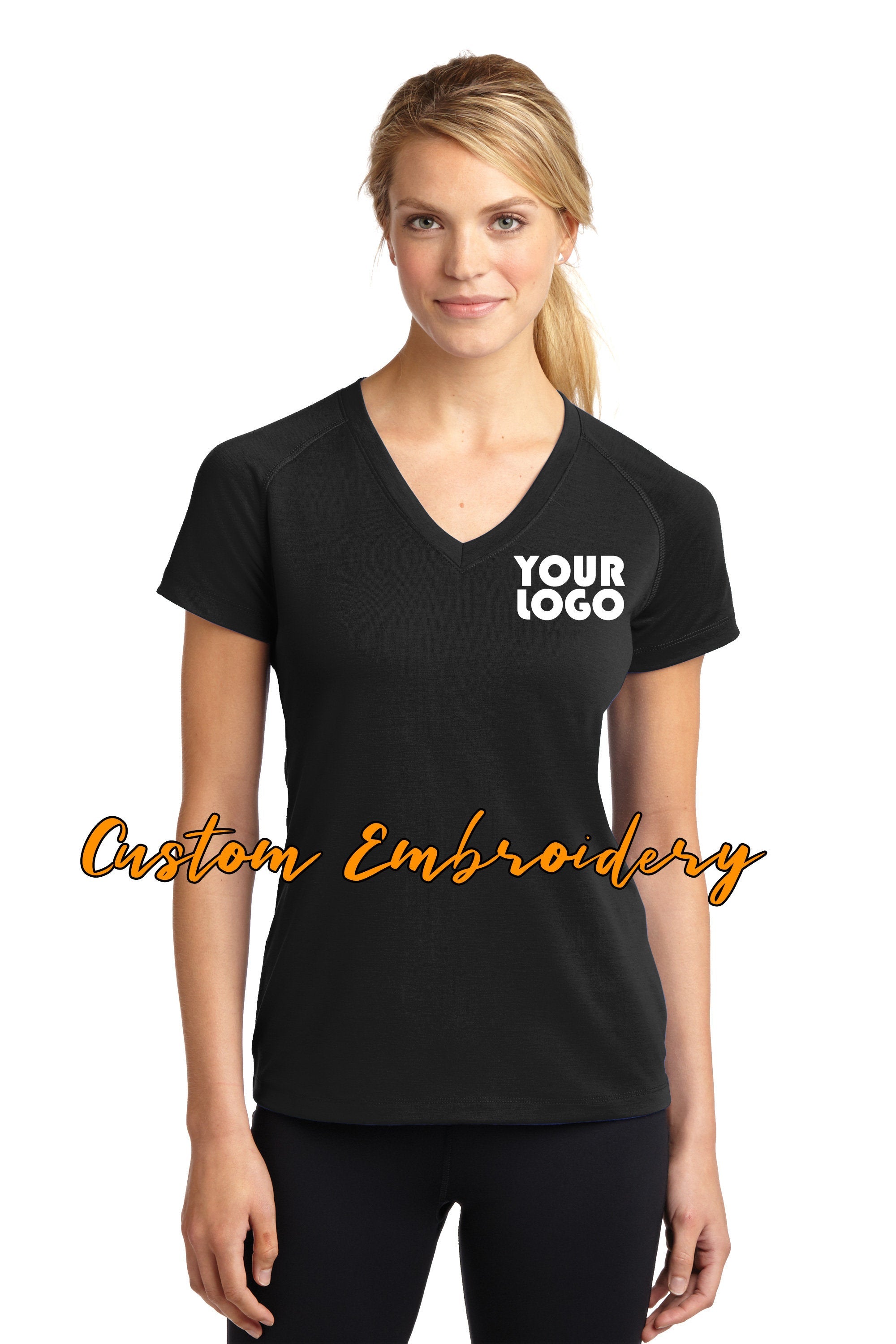 Custom Embroidered Ladies Ultimate Performance V-Neck T-shirt Tee - Includes 4in x 4in Embroidery - No Setup