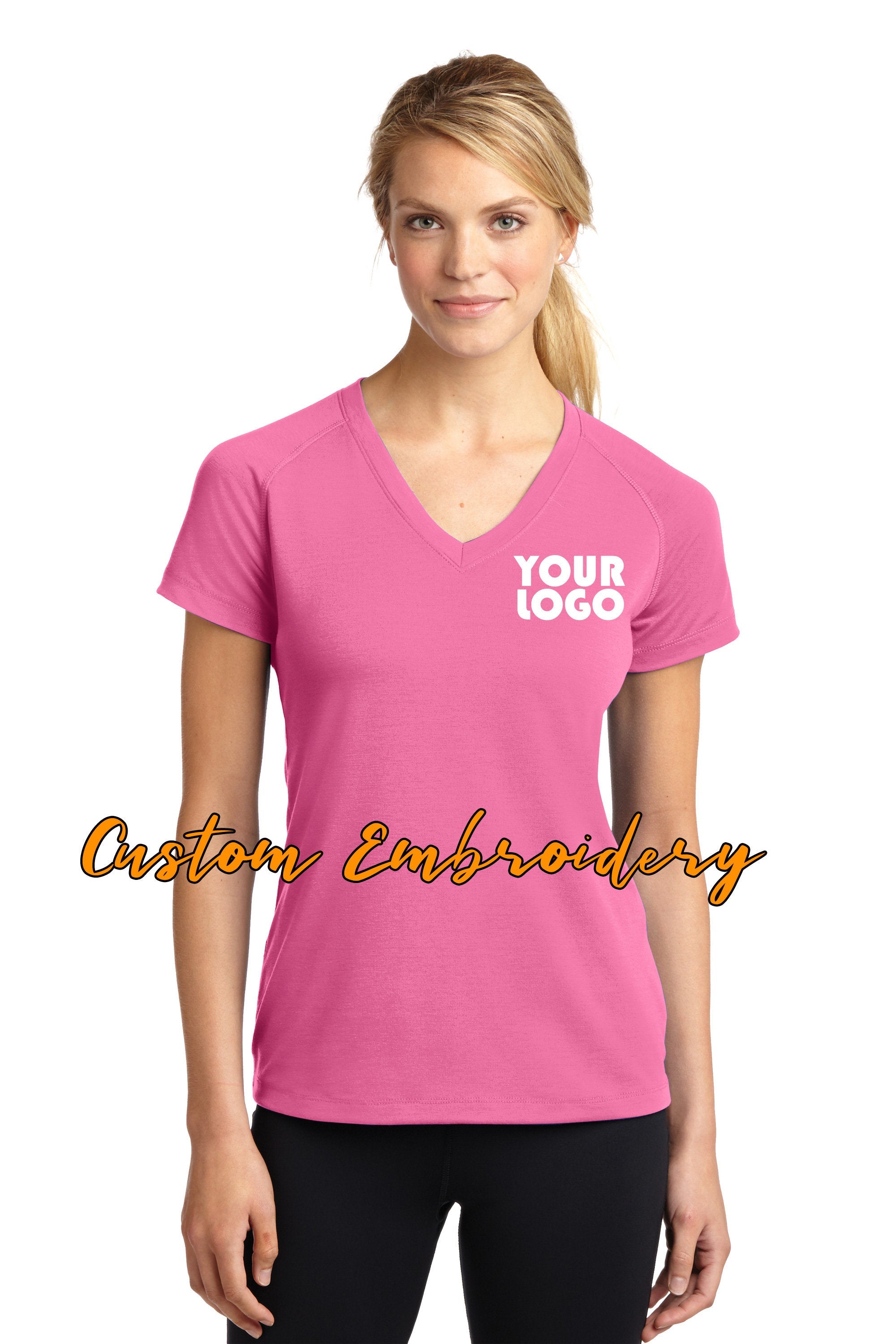 Custom Embroidered Ladies Ultimate Performance V-Neck T-shirt Tee - Includes 4in x 4in Embroidery - No Setup
