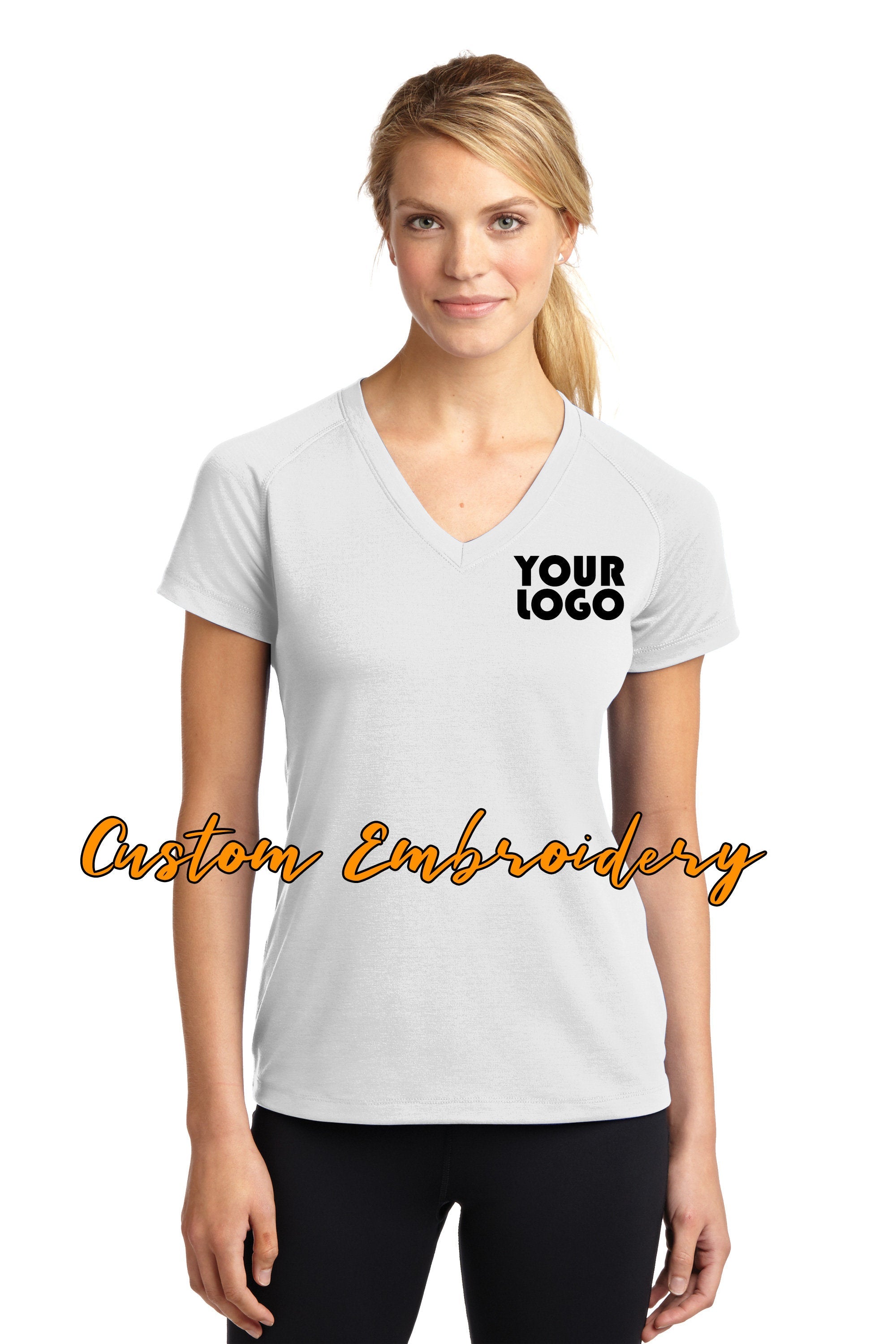 Custom Embroidered Ladies Ultimate Performance V-Neck T-shirt Tee - Includes 4in x 4in Embroidery - No Setup