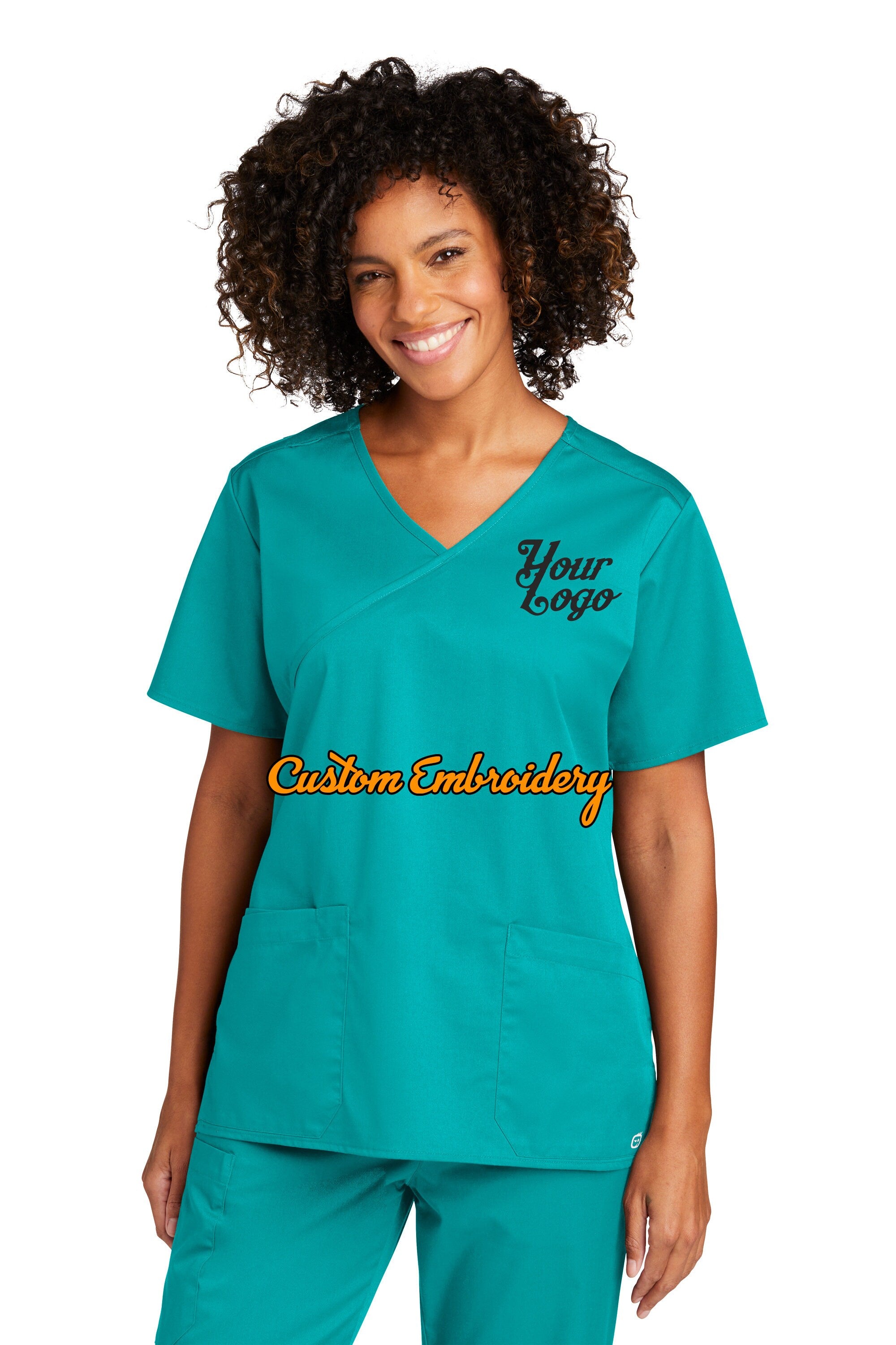 Custom Embroidered Women’s WorkFlex Mock Wrap Top Medical Uniform Scrub - Includes 4in x 4in Embroidery - Logo Scrubs - Logo Medical
