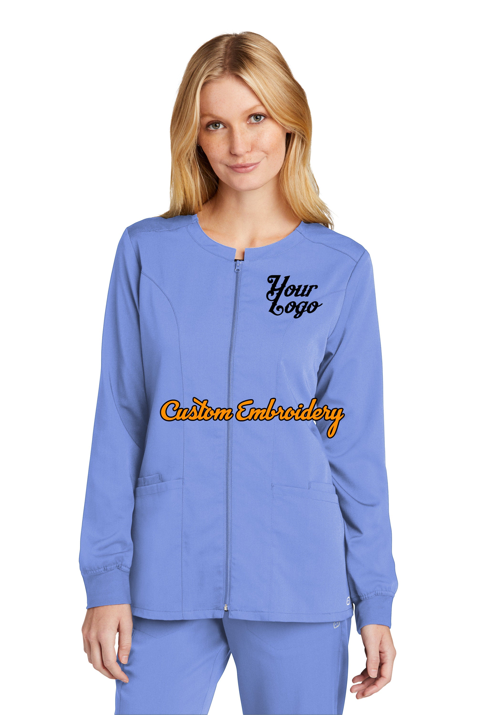 Custom Embroidery on Women's Premiere Flex Full-Zip Scrub Jacket Medical Uniform - Includes one 4in x 4in Embroidery - Free Setup