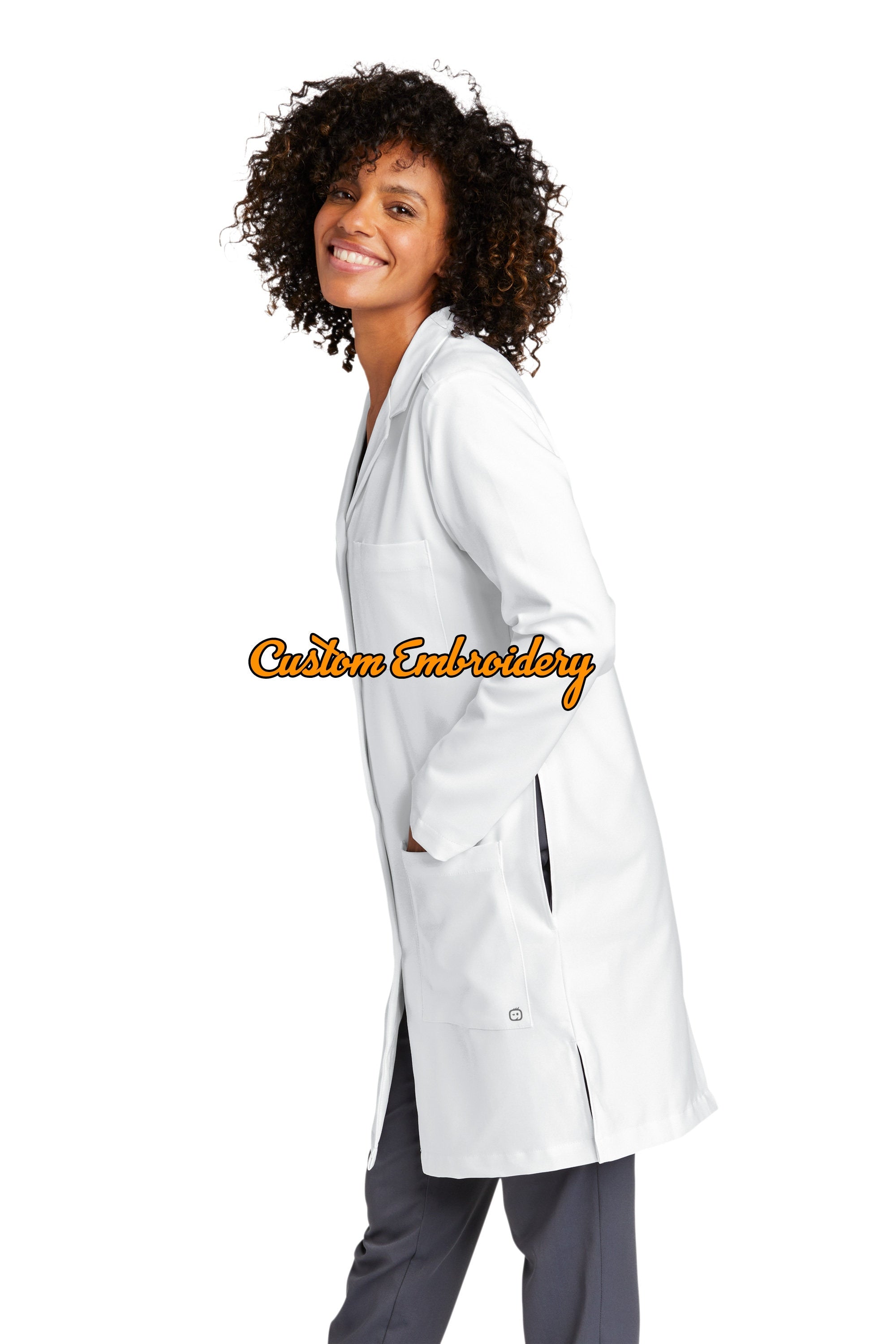 Custom Embroidered Women’s Long Lab Coat Medical Uniform - Includes one 4in x 4in Embroidery - Free Setup - Personalized Lab Coat
