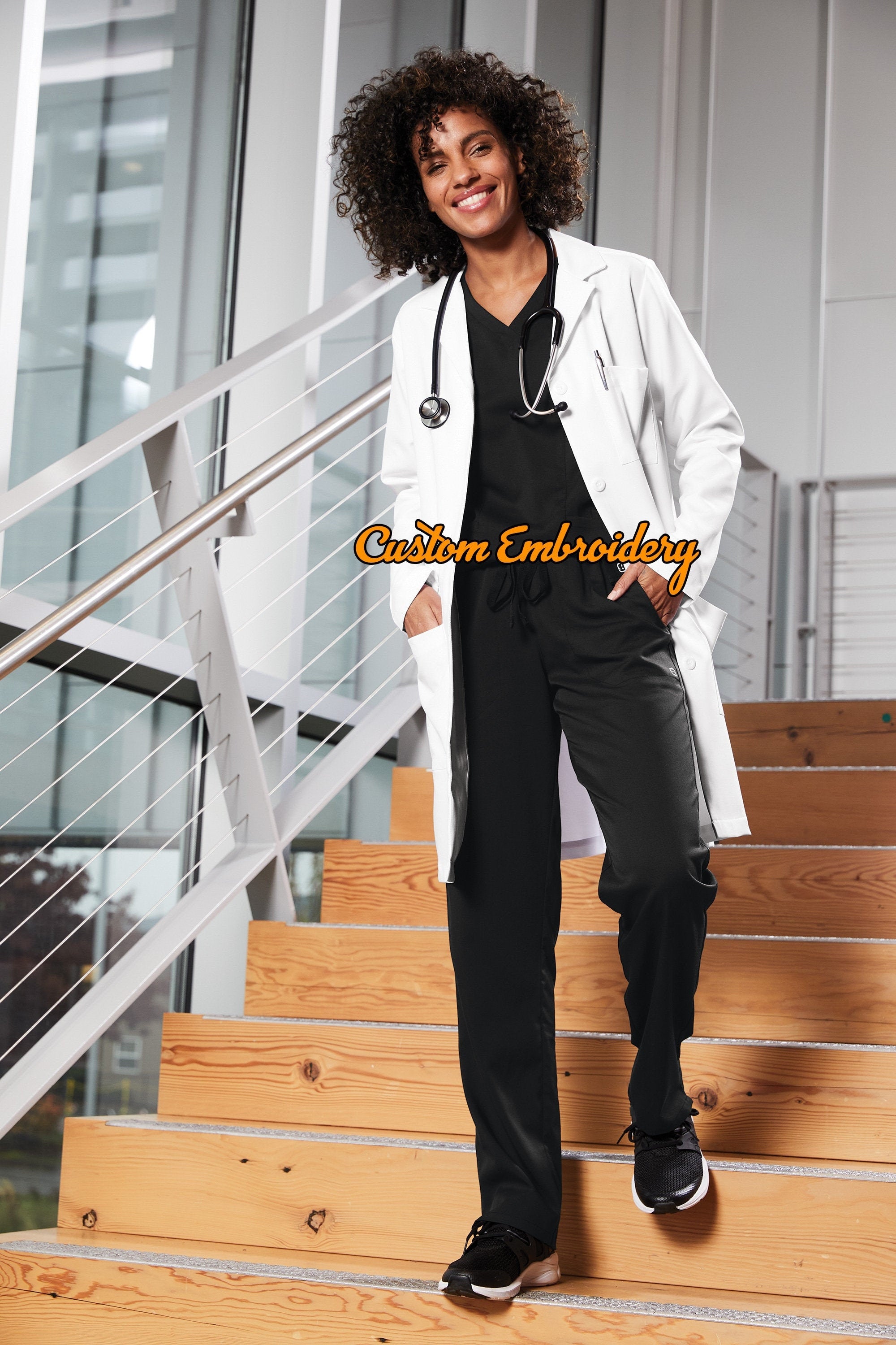 Custom Embroidered Women’s Long Lab Coat Medical Uniform - Includes one 4in x 4in Embroidery - Free Setup - Personalized Lab Coat