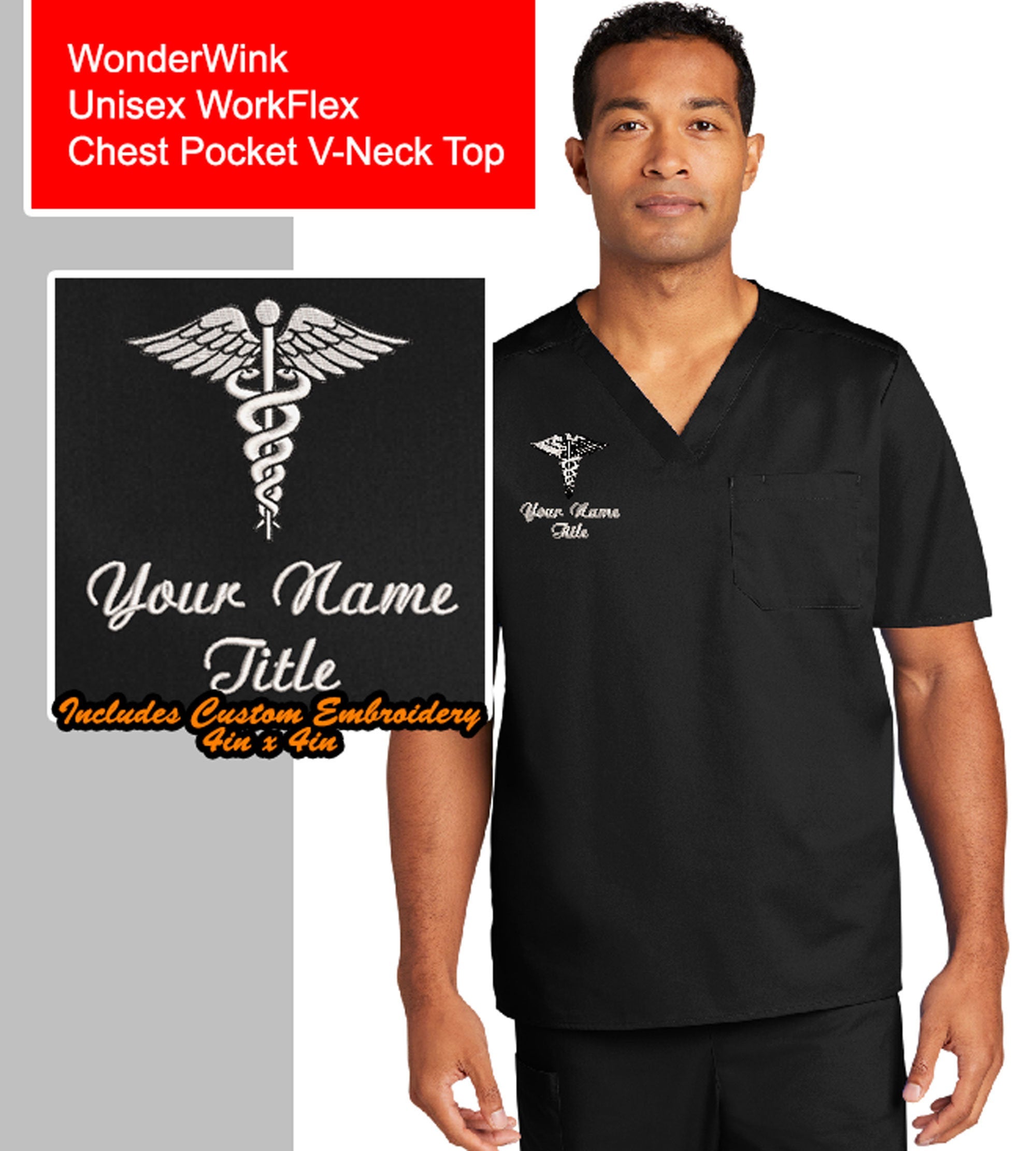 Custom Embroidered Unisex V-Neck Scrub Top Medical Uniform - Includes 4in x 4in Embroidery - Personalized Scrub - No Setup Fee