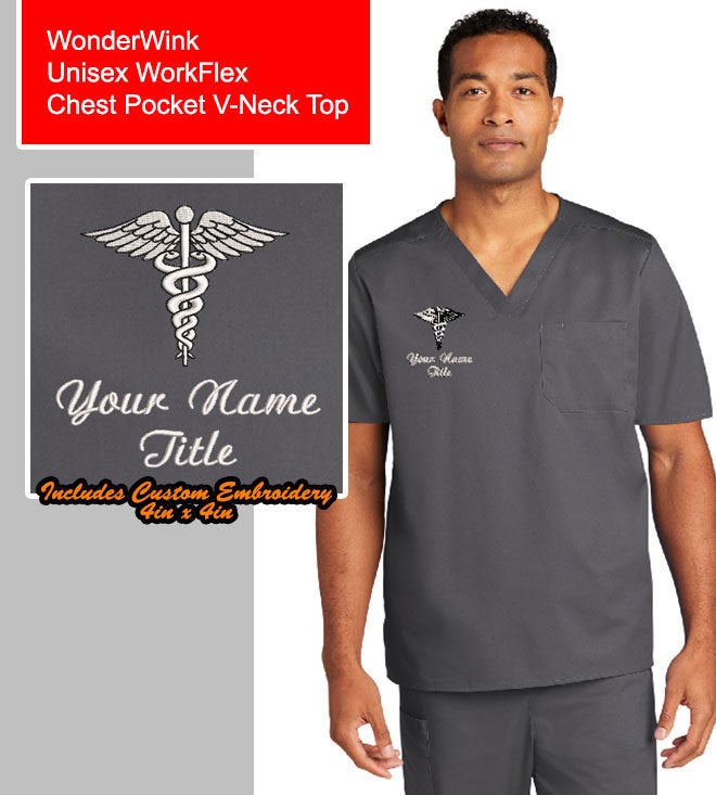 Custom Embroidered Unisex V-Neck Scrub Top Medical Uniform - Includes 4in x 4in Embroidery - Personalized Scrub - No Setup Fee