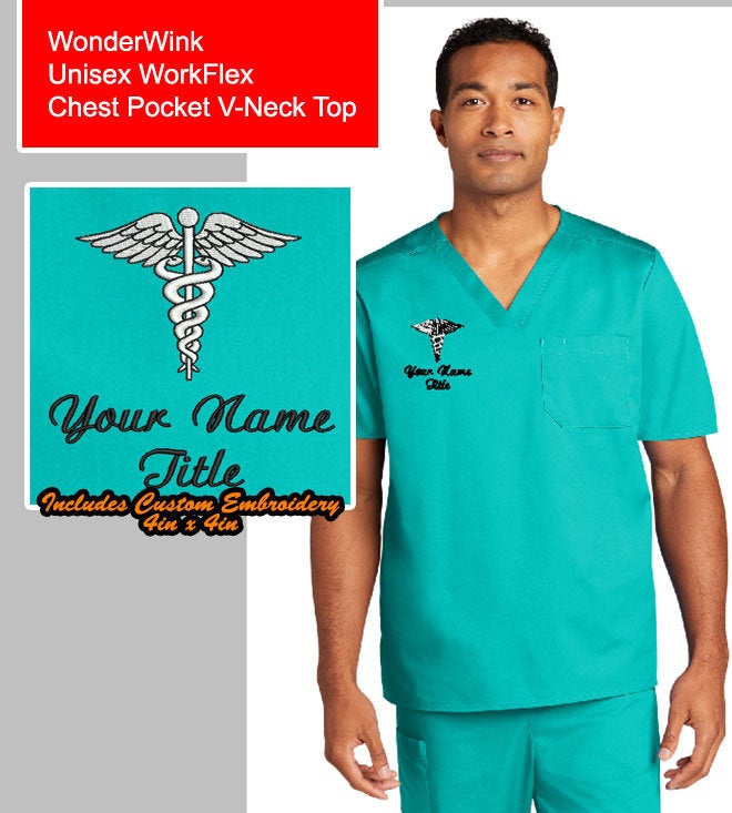 Custom Embroidered Unisex V-Neck Scrub Top Medical Uniform - Includes 4in x 4in Embroidery - Personalized Scrub - No Setup Fee