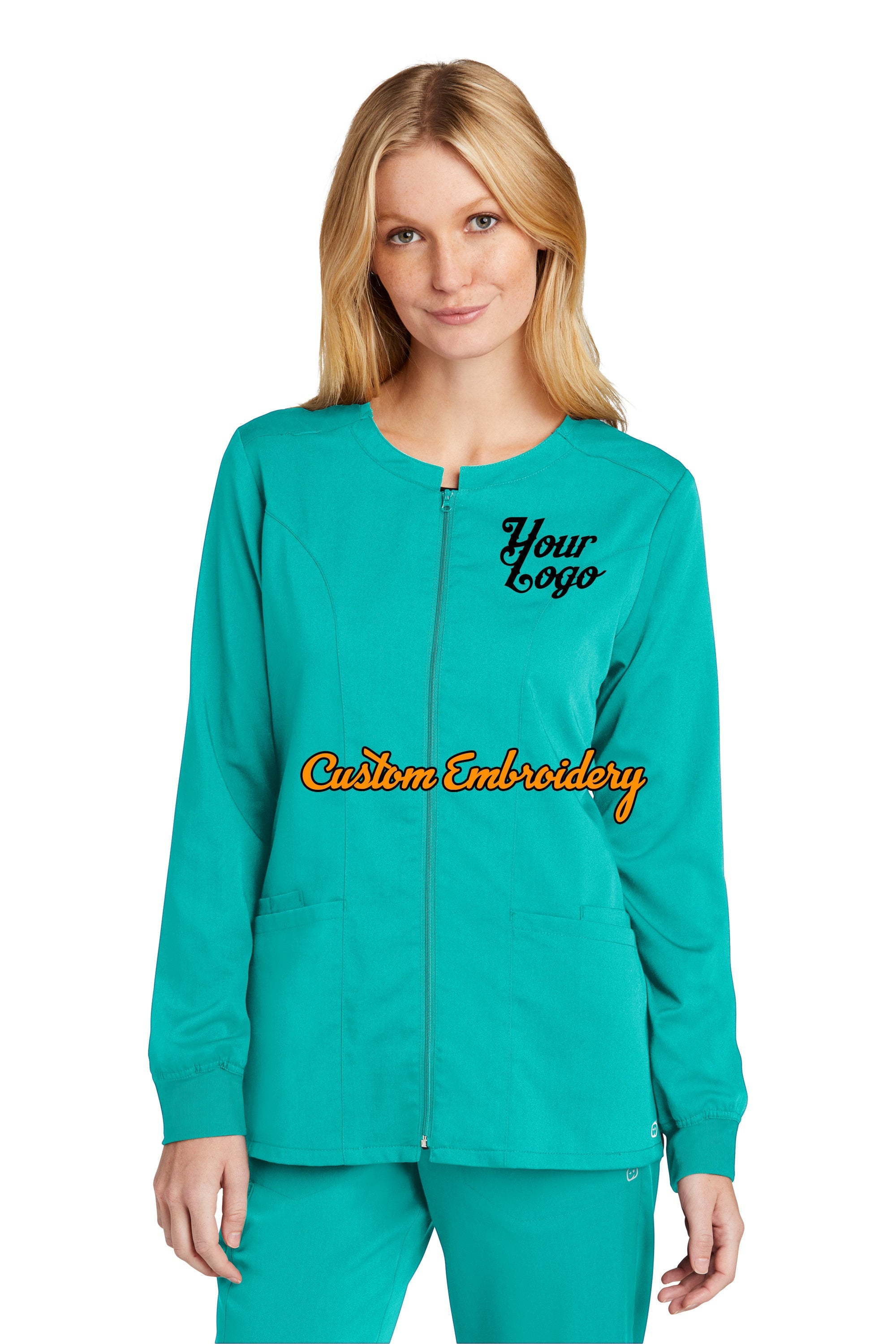 Custom Embroidery on Women's Premiere Flex Full-Zip Scrub Jacket Medical Uniform - Includes one 4in x 4in Embroidery - Free Setup