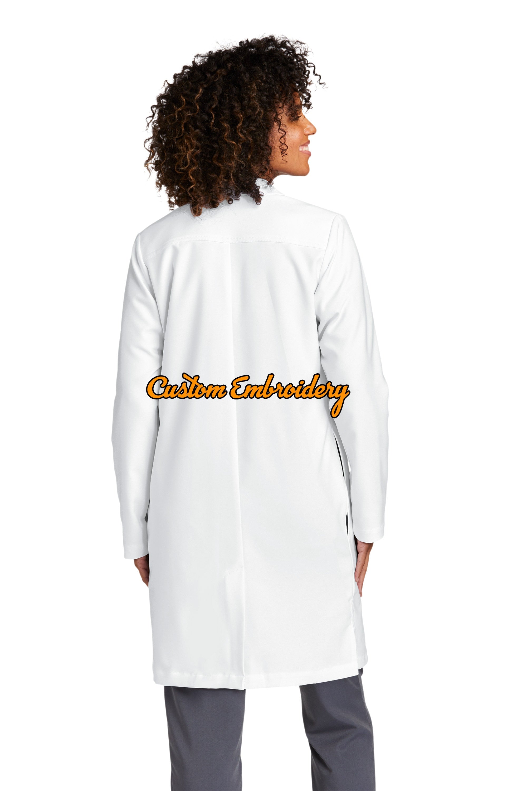 Custom Embroidered Women’s Long Lab Coat Medical Uniform - Includes one 4in x 4in Embroidery - Free Setup - Personalized Lab Coat