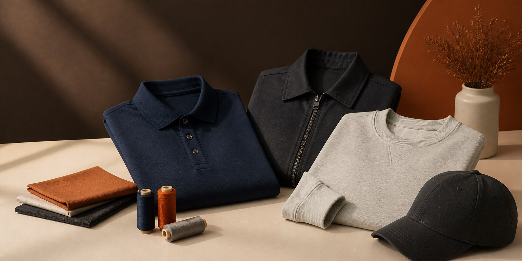 Custom polos, jackets, sweatshirts, and caps ready for embroidery