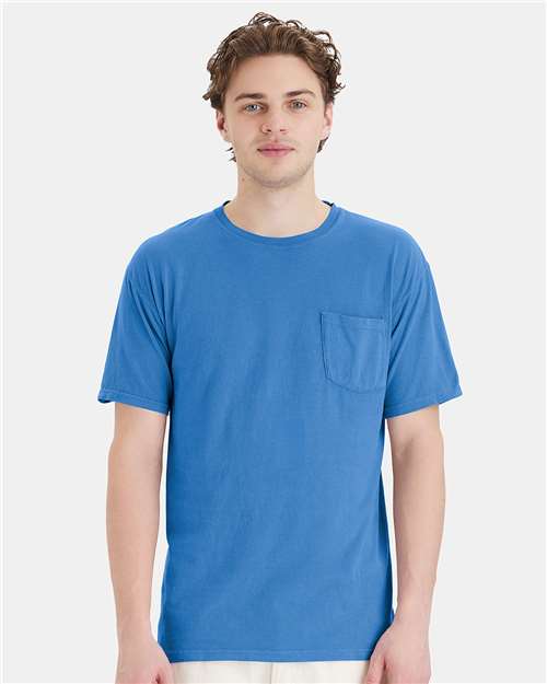 Custom Embroidered - ComfortWash by Hanes - Garment-Dyed Pocket T-Shirt - Summer Sky Blue - GDH150