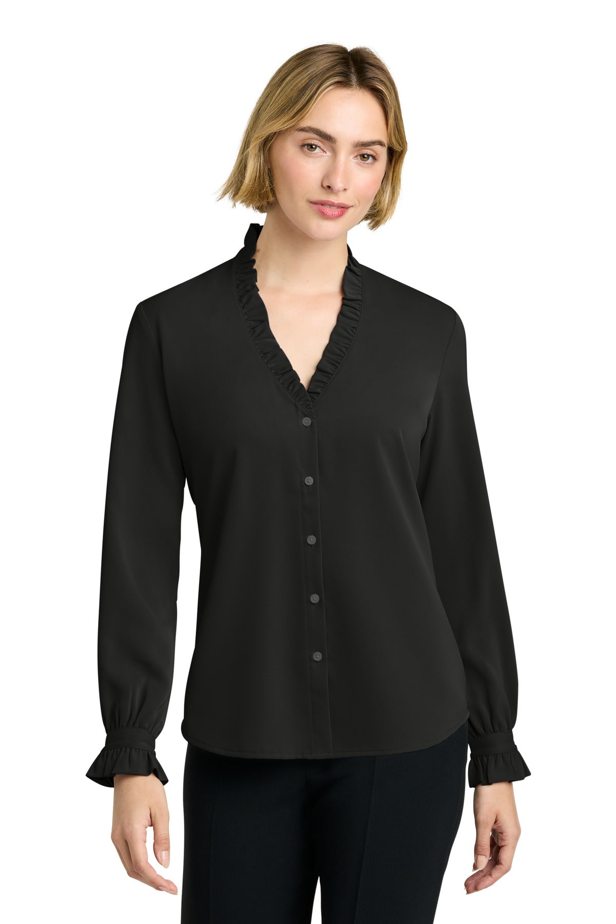 Custom Embroidery or DTF Print - Brooks Brothers ®  Women's Long Sleeve Ruffle Collar Blouse BB18011