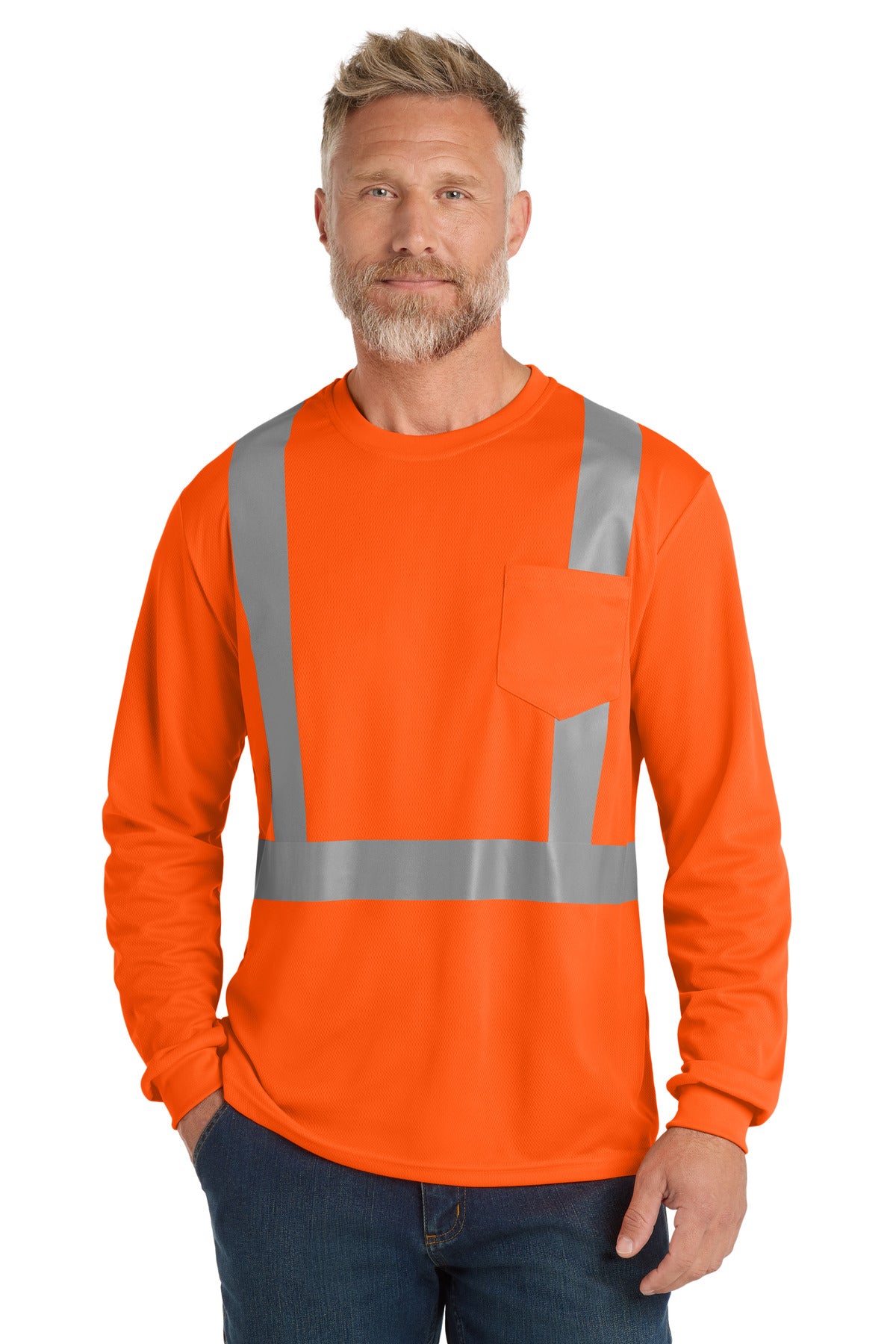 Custom Embroidery or DTF Print - CornerStone  ®  ANSI 107 Class 2 Mesh Long Sleeve Tee. CS201