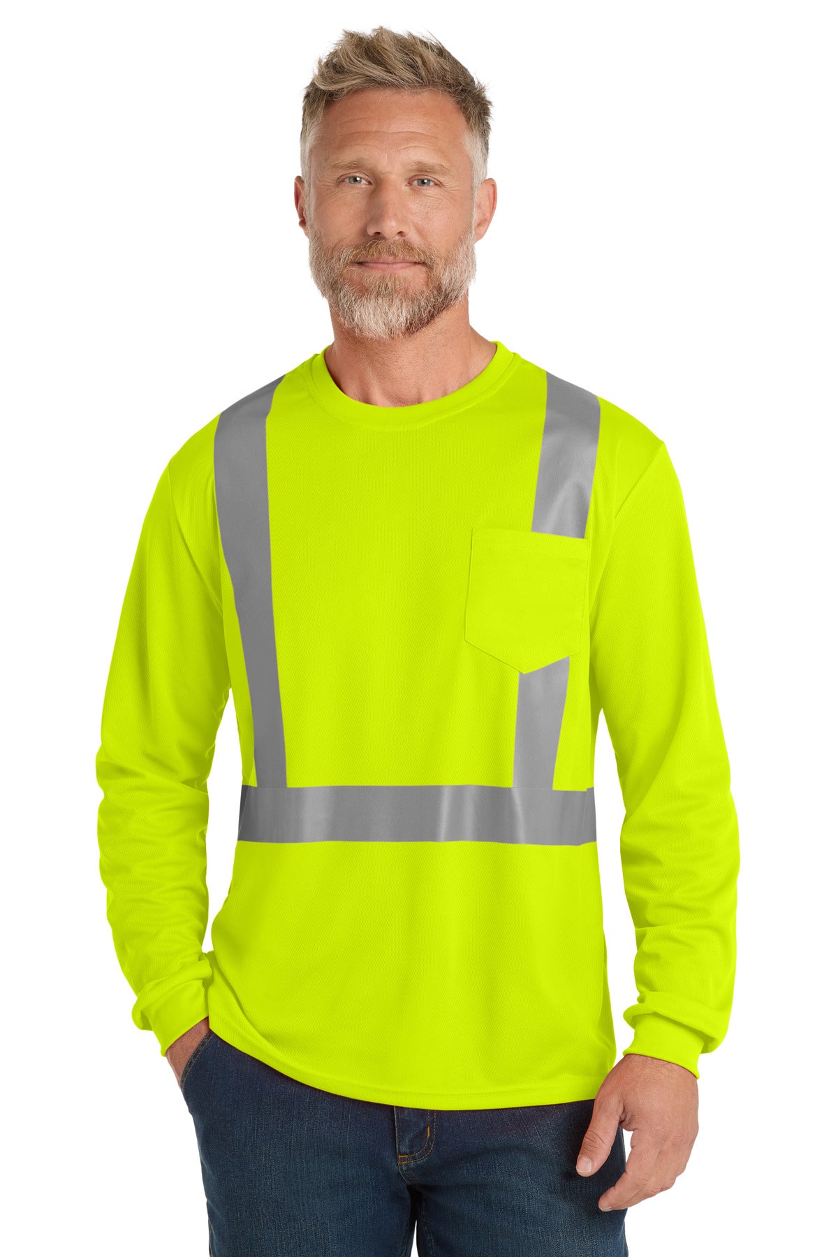Custom Embroidery or DTF Print - CornerStone  ®  ANSI 107 Class 2 Mesh Long Sleeve Tee. CS201