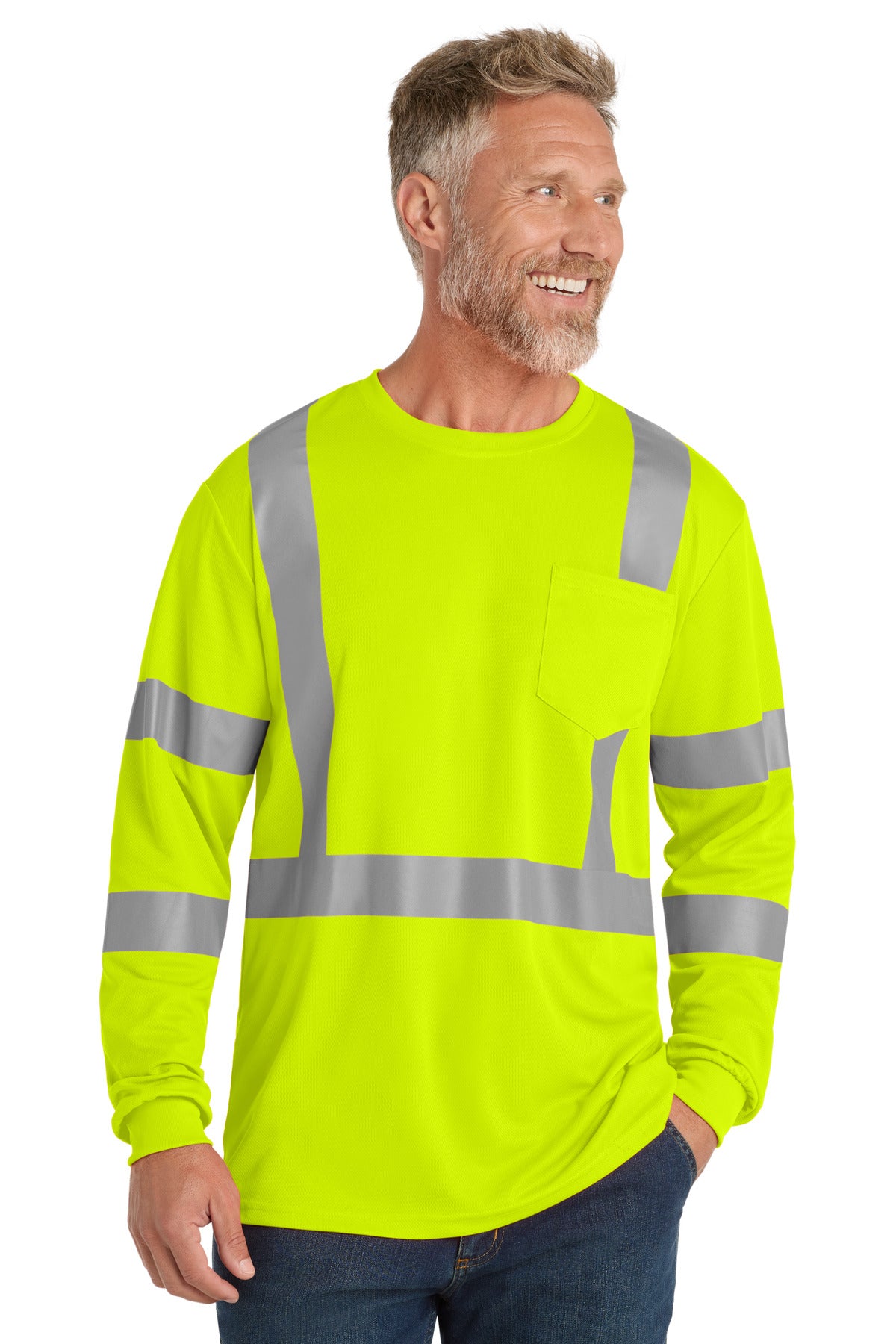 Custom Embroidery or DTF Print - CornerStone  ®  ANSI 107 Class 3 Mesh Long Sleeve Tee. CS203