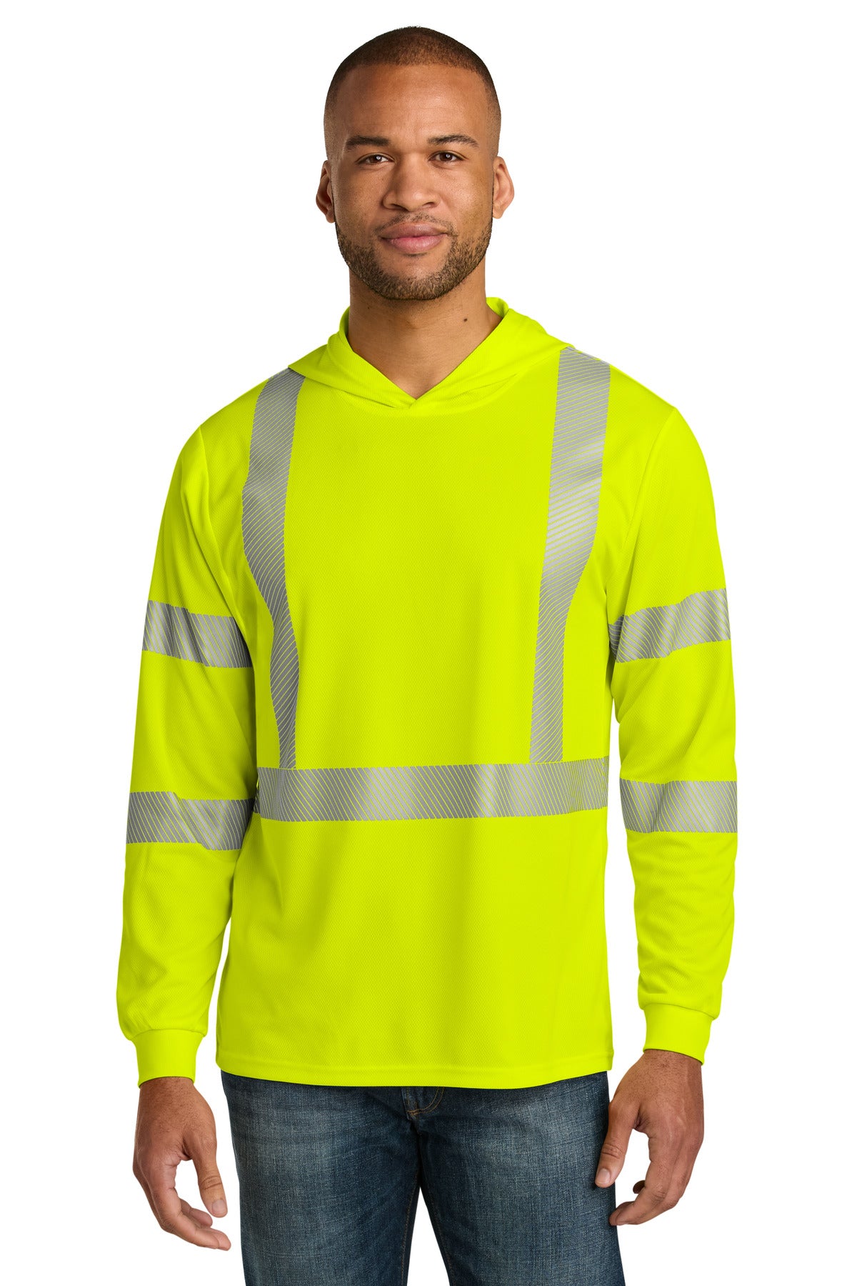 Custom Embroidery or DTF Print - CornerStone ®  ANSI 107 Class 3 Long Sleeve Segmented Tape Hooded Tee CS208