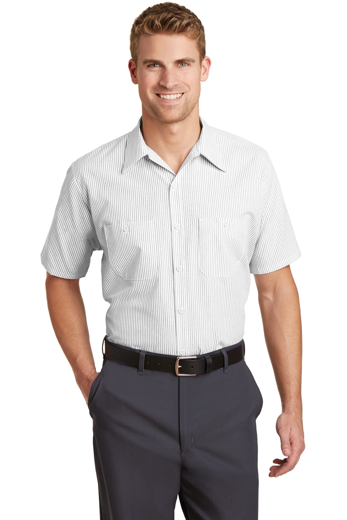 Custom Embroidery or DTF Print - Red Kap ®  Short Sleeve Striped Industrial Work Shirt.  CS20
