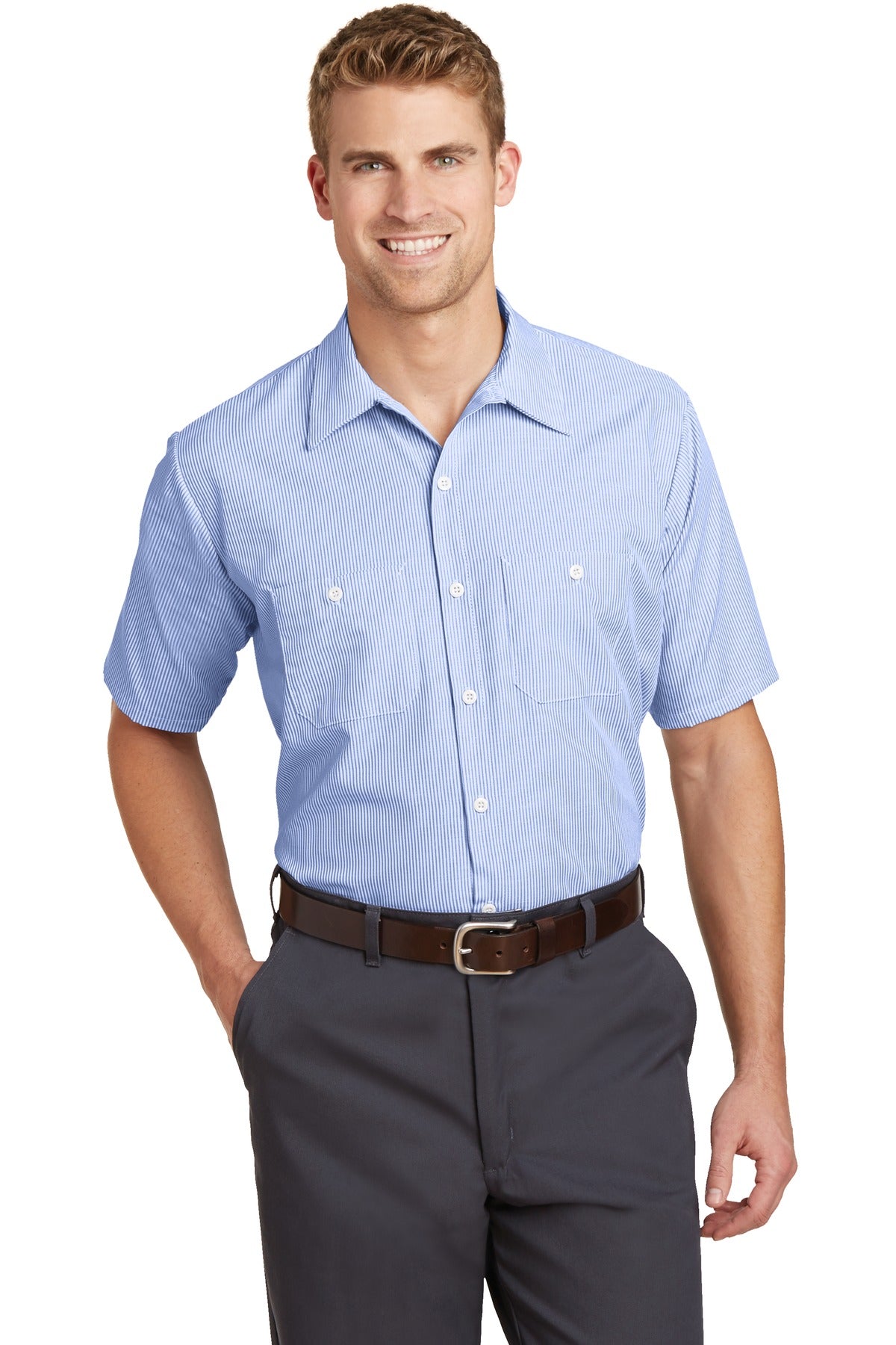 Custom Embroidery or DTF Print - Red Kap ®  Short Sleeve Striped Industrial Work Shirt.  CS20