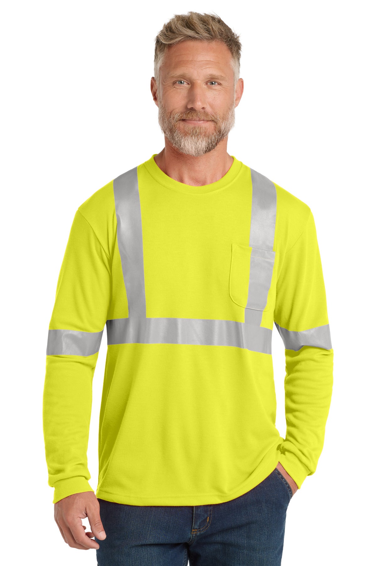 Custom Embroidery or DTF Print - CornerStone ®  ANSI 107 Class 2 Long Sleeve Safety T-Shirt. CS401LS