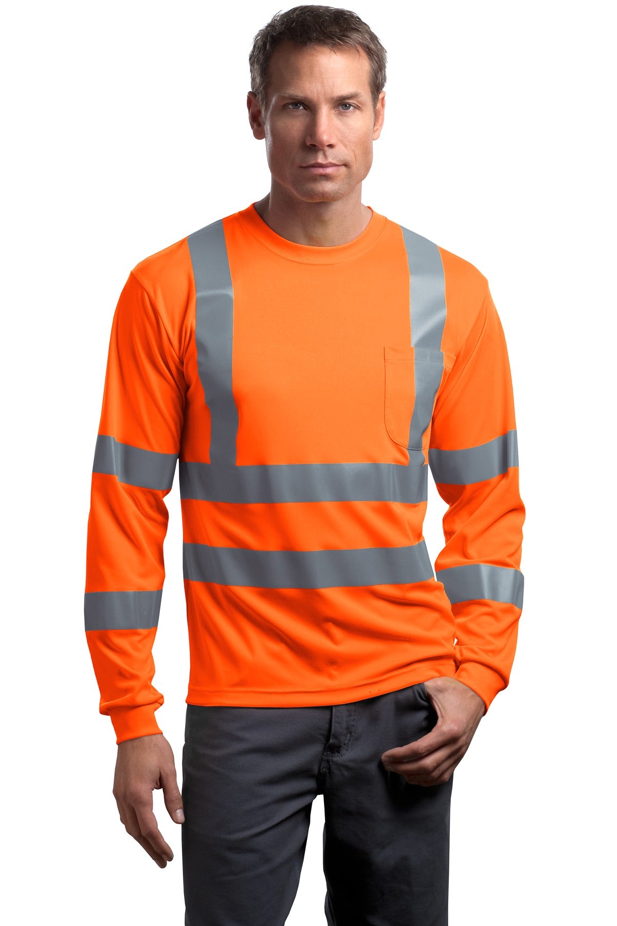 Custom Embroidery or DTF Print - CornerStone ®  - ANSI 107 Class 3 Long Sleeve Snag-Resistant Reflective T-Shirt. CS409
