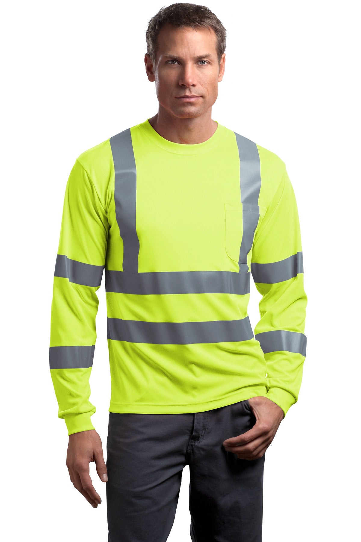 Custom Embroidery or DTF Print - CornerStone ®  - ANSI 107 Class 3 Long Sleeve Snag-Resistant Reflective T-Shirt. CS409