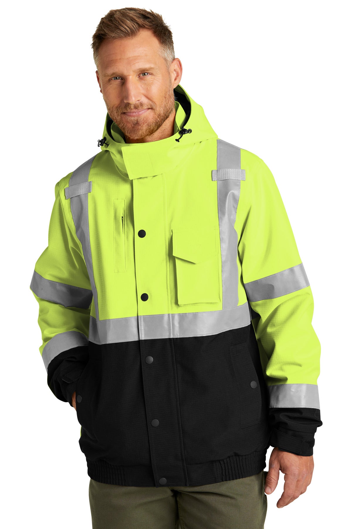 Custom Embroidery or DTF Print - CornerStone ®  ANSI 107 Class 3 Waterproof Insulated Ripstop Bomber Jacket CSJ501