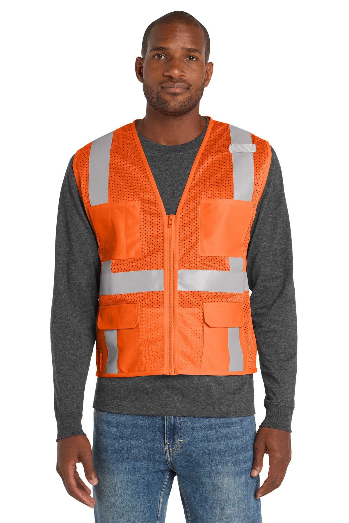 Custom Embroidery or DTF Print - CornerStone  ®  ANSI 107 Class 2 Mesh Six-Pocket Zippered Vest. CSV104
