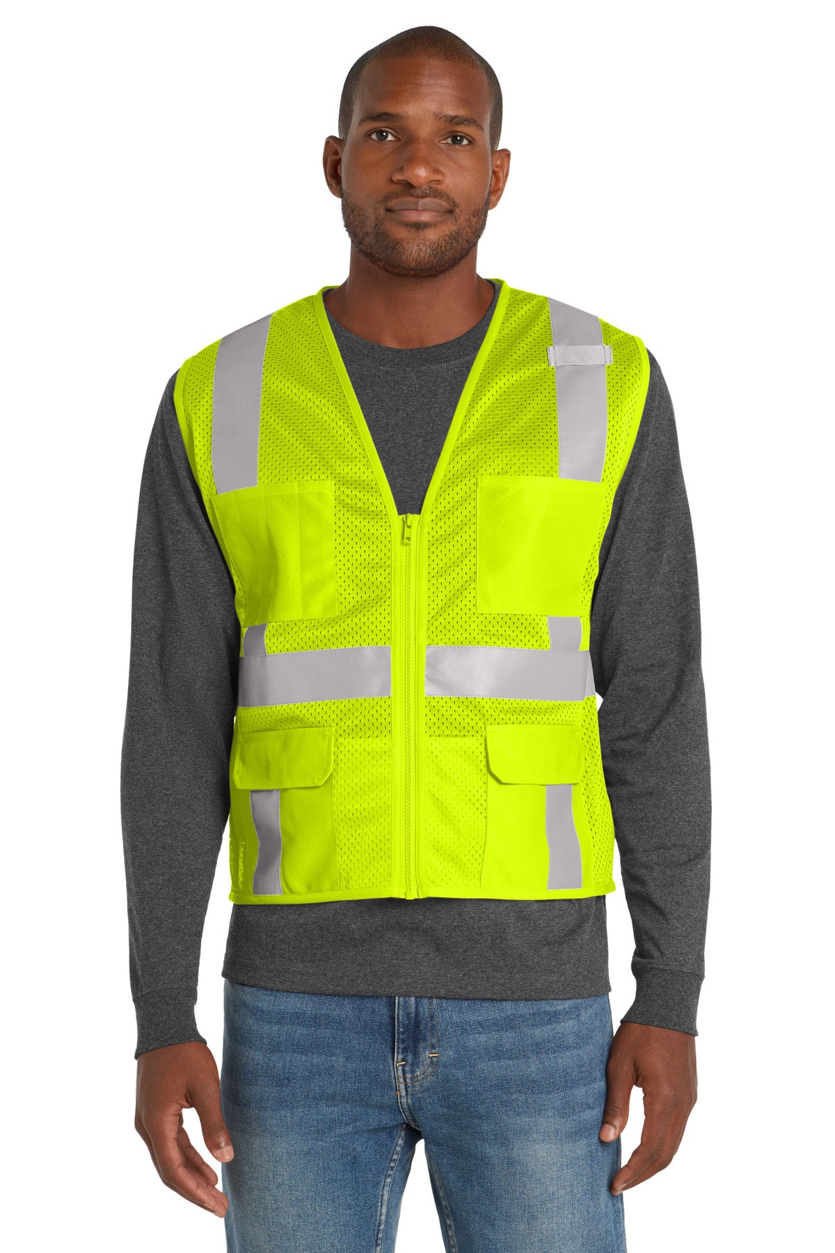 Custom Embroidery or DTF Print - CornerStone  ®  ANSI 107 Class 2 Mesh Six-Pocket Zippered Vest. CSV104