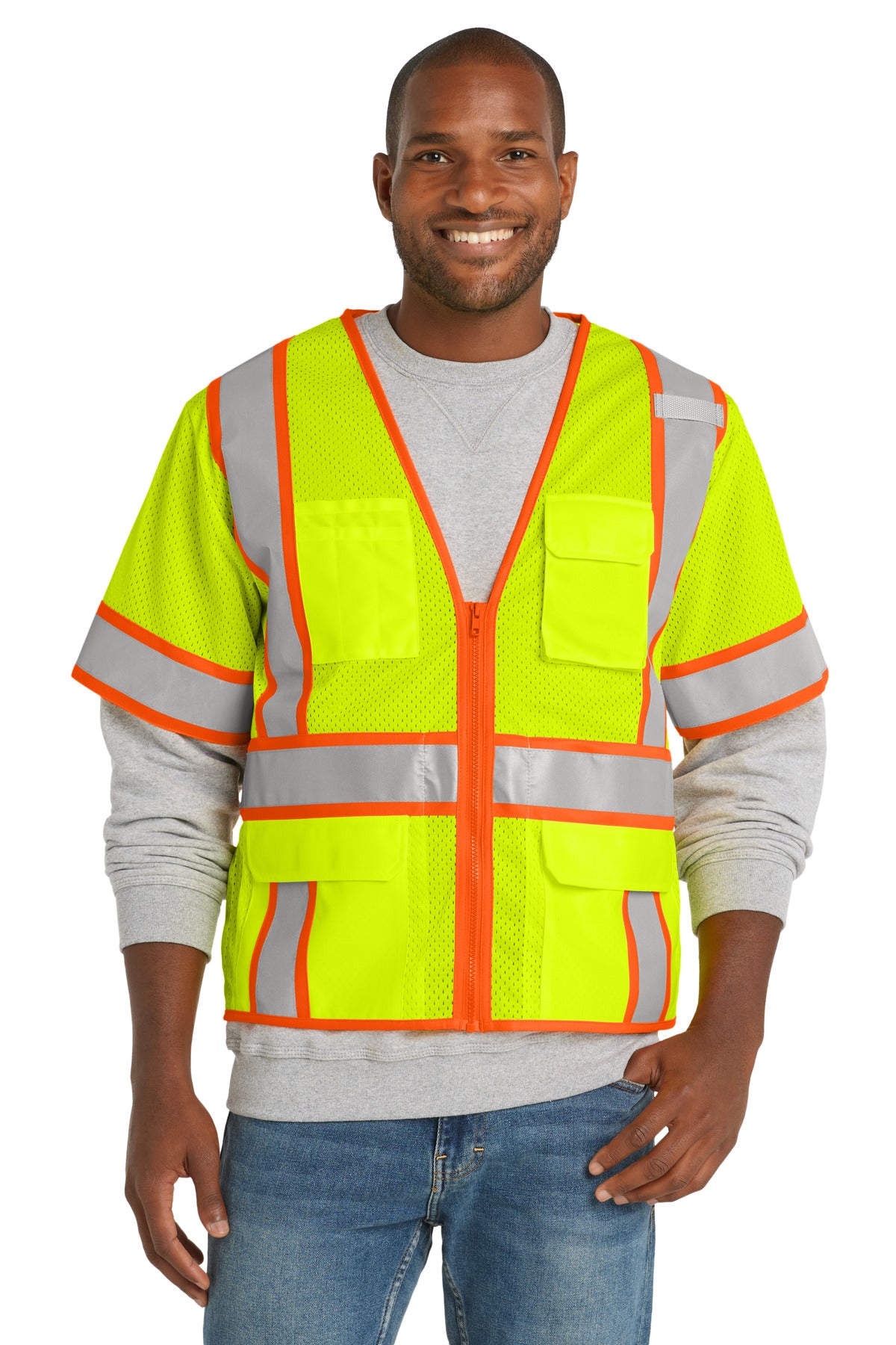 Custom Embroidery or DTF Print - CornerStone  ®  ANSI 107 Class 3 Surveyor Mesh Zippered Two-Tone Short Sleeve Vest. CSV106