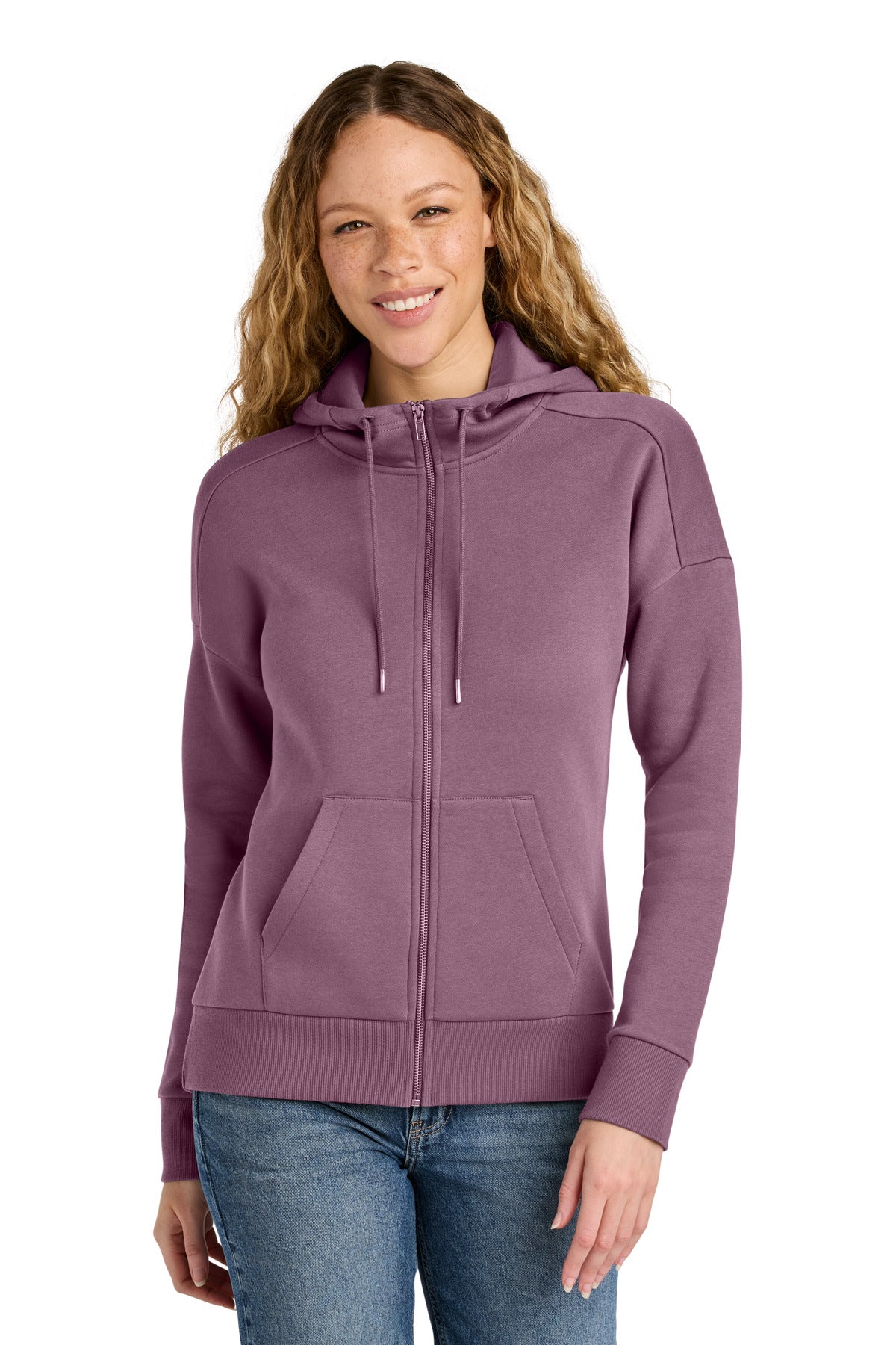Custom Embroidery or DTF Print - District  ®  Women's Perfect Weight  ®  Fleece Drop Shoulder Full-Zip Hoodie DT1104