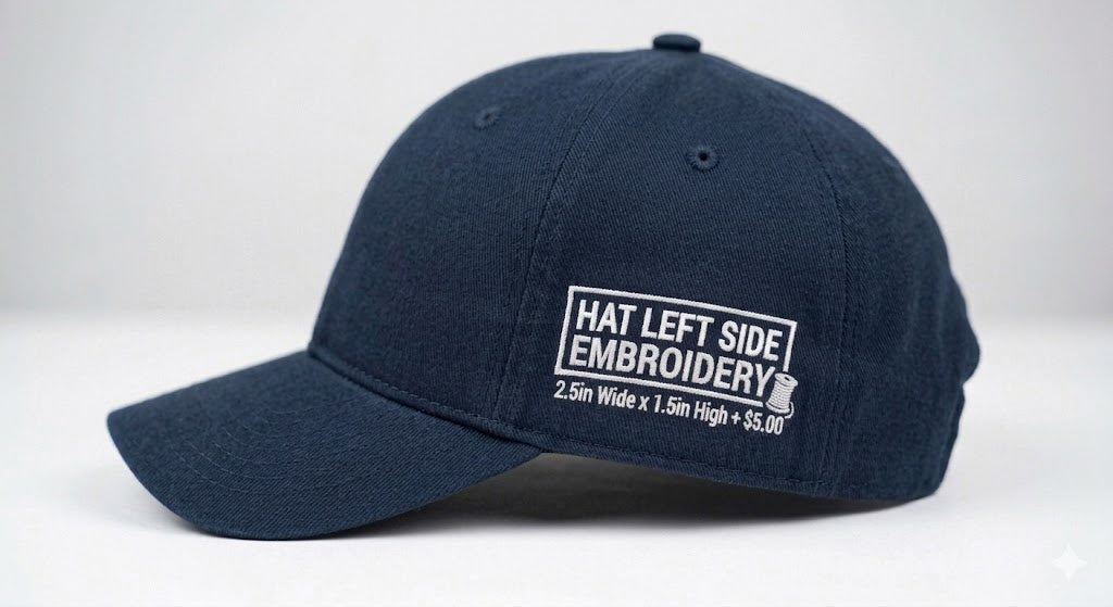 Hat Left Side - 2.5in Wide x 1.5in High + $5.00