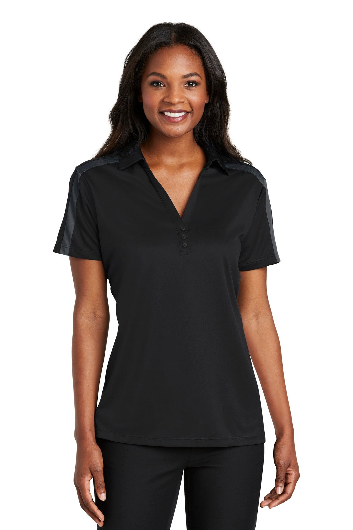 Custom Embroidery or DTF Print - Port Authority ®  Women's Silk Touch™ Performance Colorblock Stripe Polo. L547