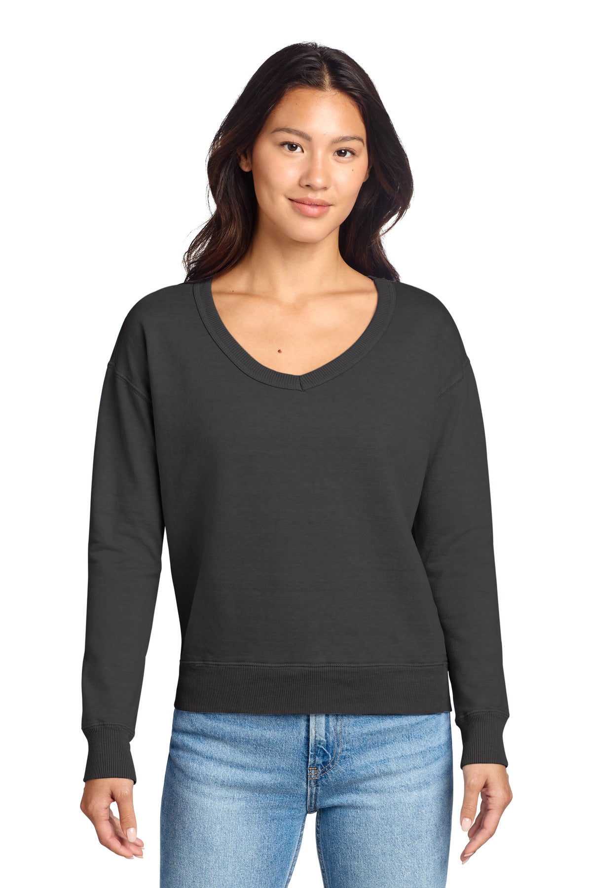 Custom Embroidery or DTF Print - Port & Co ®  Women's Beach Wash ®  Garment-Dyed V-Neck Sweatshirt LPC098V