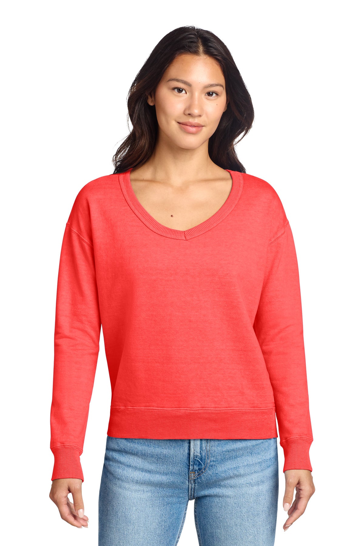Custom Embroidery or DTF Print - Port & Co ®  Women's Beach Wash ®  Garment-Dyed V-Neck Sweatshirt LPC098V
