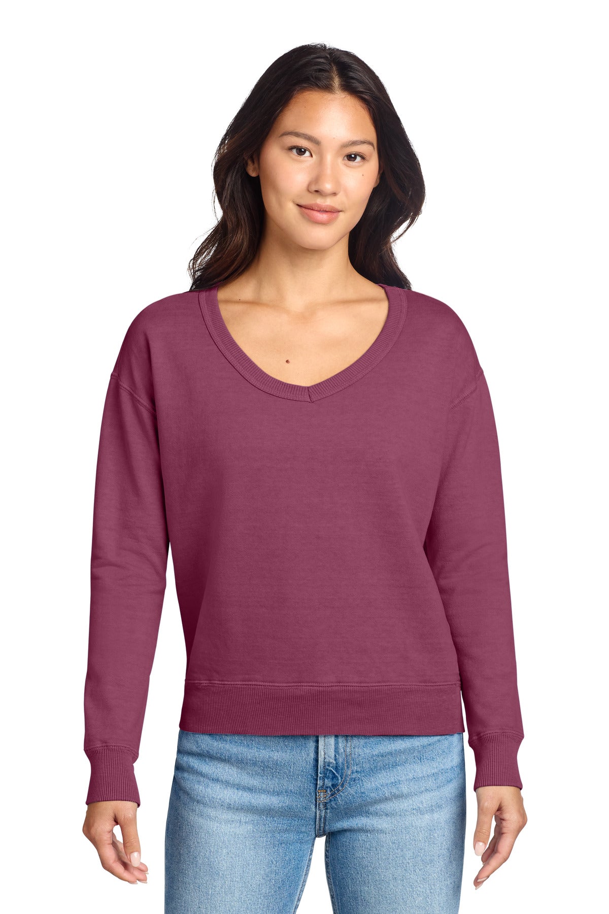 Custom Embroidery or DTF Print - Port & Co ®  Women's Beach Wash ®  Garment-Dyed V-Neck Sweatshirt LPC098V