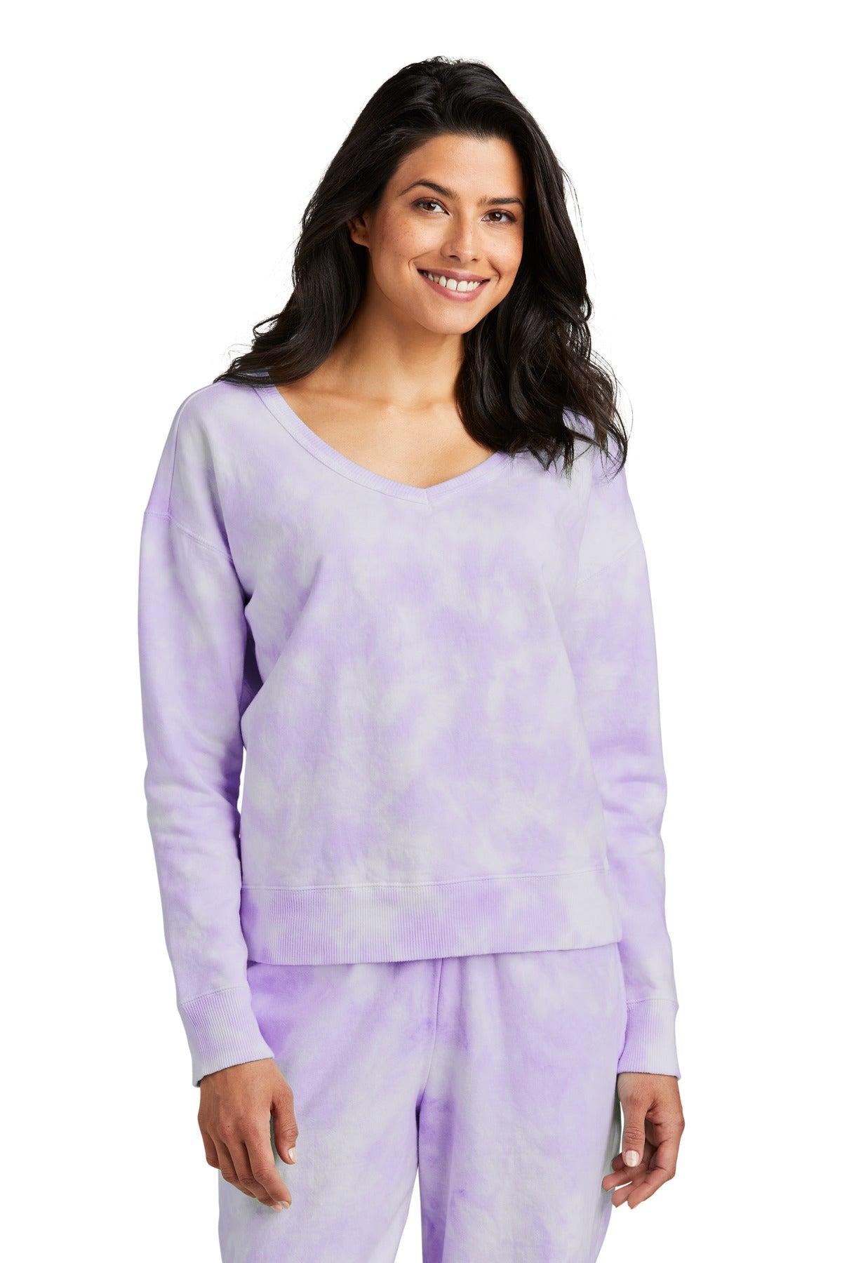 Custom Embroidered or DTF Print on Port & Co ™  Women's Beach Wash ®  Cloud Tie-Dye V-Neck Sweatshirt LPC140V