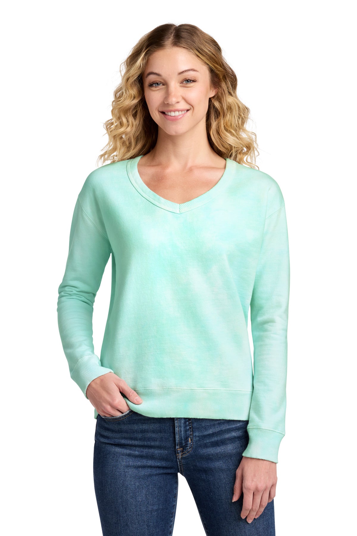 Custom Embroidery or DTF Print - Port & Co ®  Women's Beach Wash ®  Cloud Tie-Dye V-Neck Sweatshirt LPC140V
