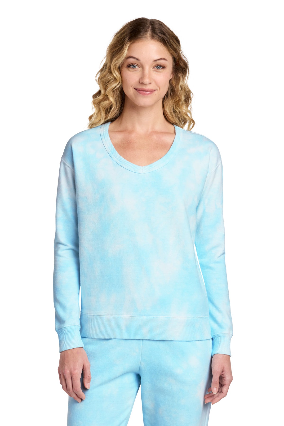 Custom Embroidery or DTF Print - Port & Co ®  Women's Beach Wash ®  Cloud Tie-Dye V-Neck Sweatshirt LPC140V