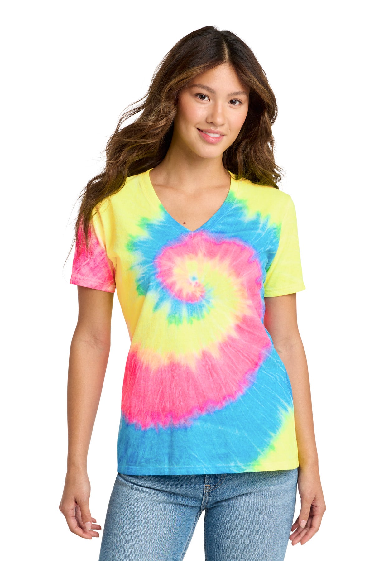 Custom Embroidery or DTF Print - Port & Co ®  Women's Tie-Dye V-Neck Tee.  LPC147V