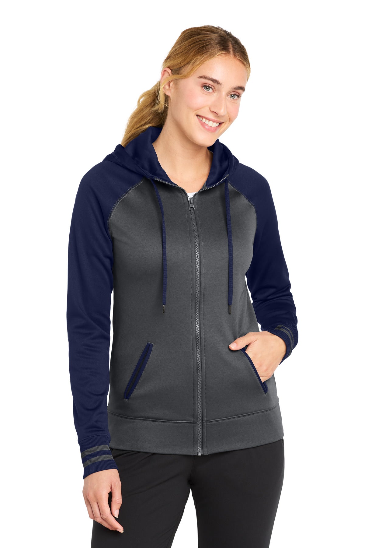 Custom Embroidery or DTF Print - Sport-Tek ®  Women's Sport-Wick ®  Varsity Fleece Full-Zip Hooded Jacket. LST236