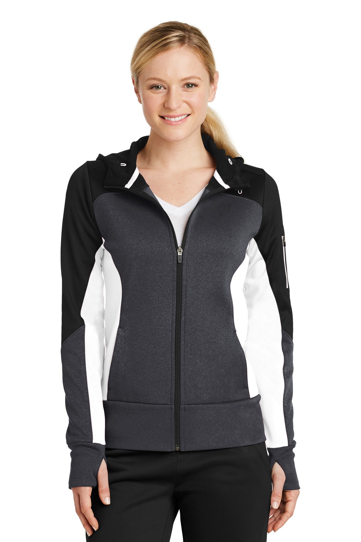 Custom Embroidered - Sport-Tek® Ladies Tech Fleece Colorblock Full-Zip Hooded Jacket. LST245