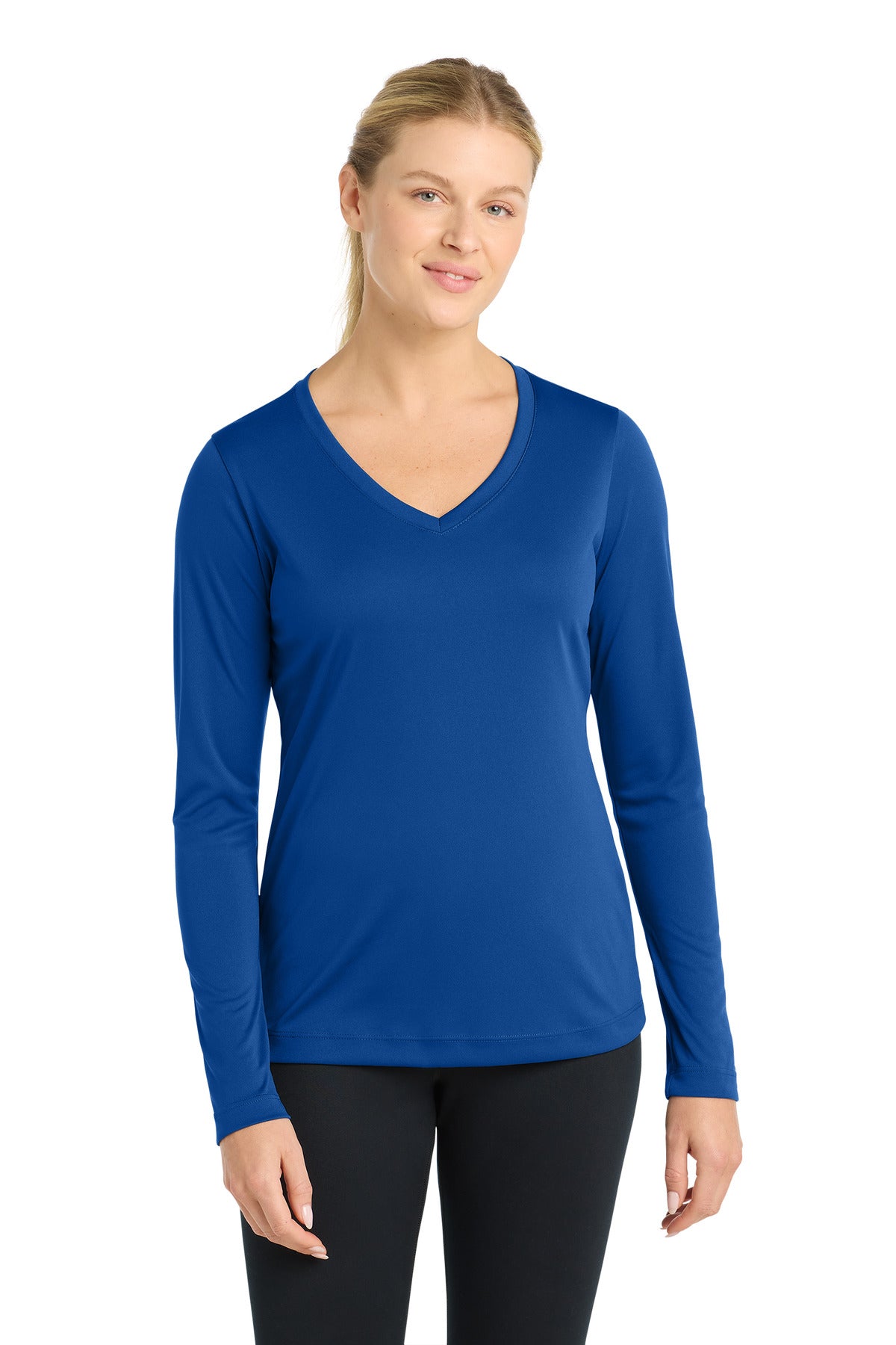 Custom Embroidery or DTF Print - Sport-Tek ®  Women's Long Sleeve PosiCharge ®  Competitor™ V-Neck Tee. LST353LS