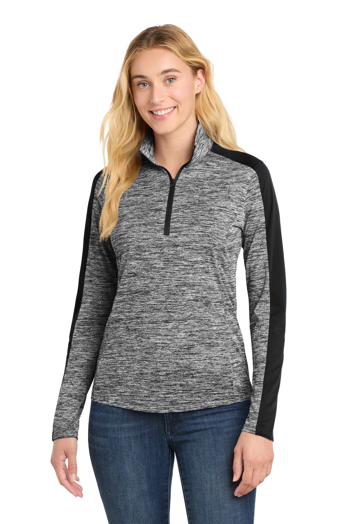 Custom Embroidery or DTF Print - Sport-Tek ®  Women's PosiCharge ®  Electric Heather Colorblock 1/4-Zip Pullover. LST397