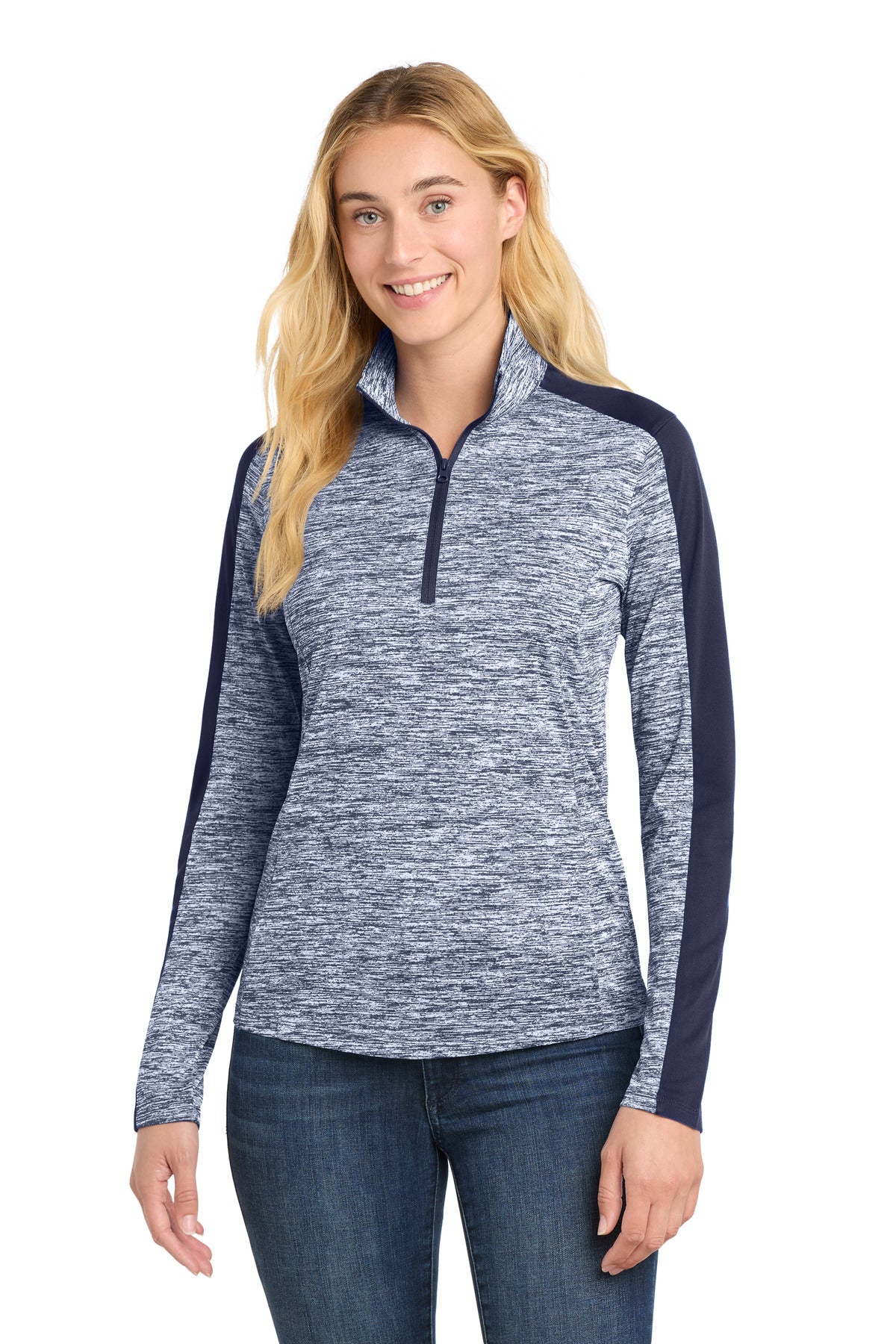Custom Embroidery or DTF Print - Sport-Tek ®  Women's PosiCharge ®  Electric Heather Colorblock 1/4-Zip Pullover. LST397