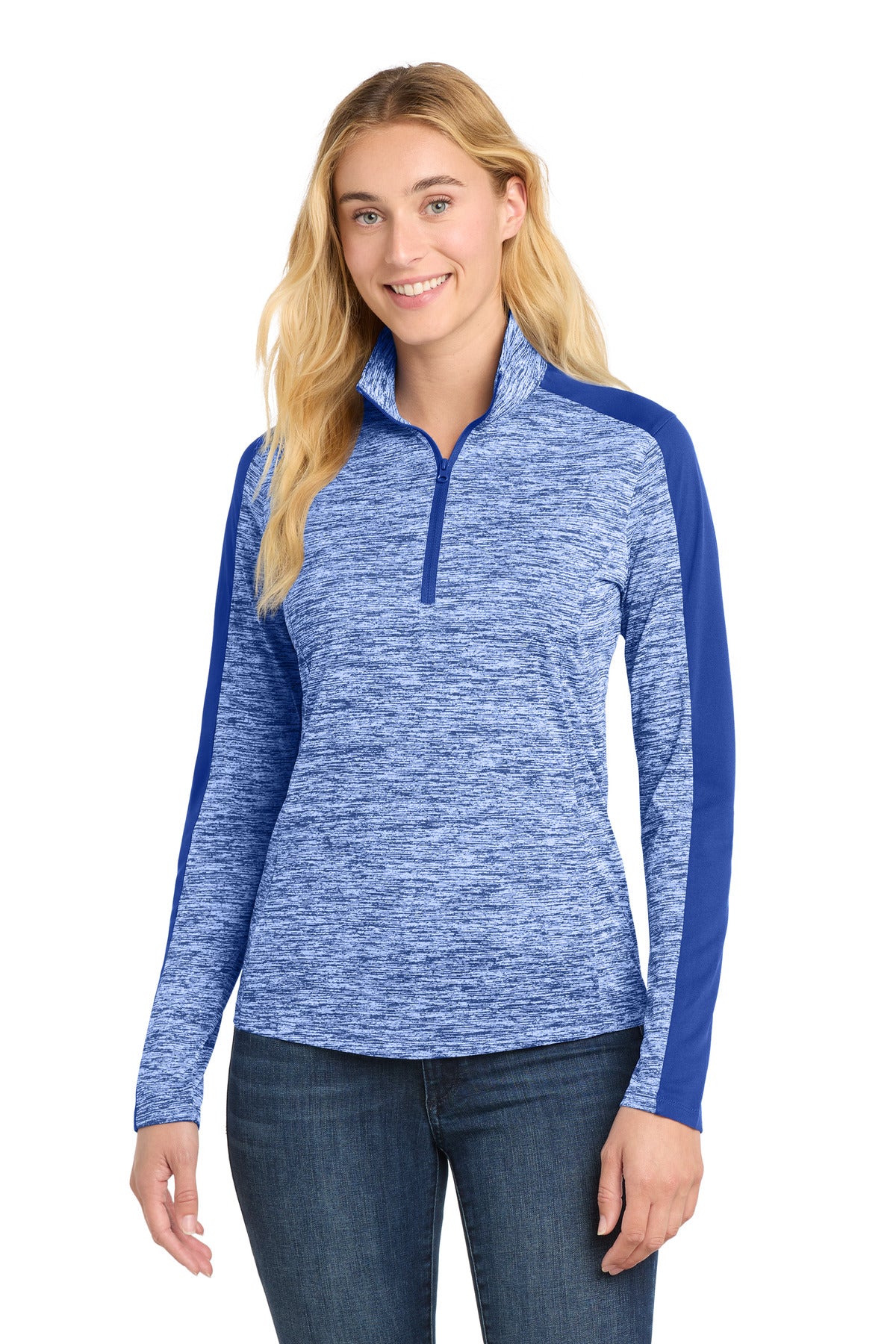 Custom Embroidery or DTF Print - Sport-Tek ®  Women's PosiCharge ®  Electric Heather Colorblock 1/4-Zip Pullover. LST397
