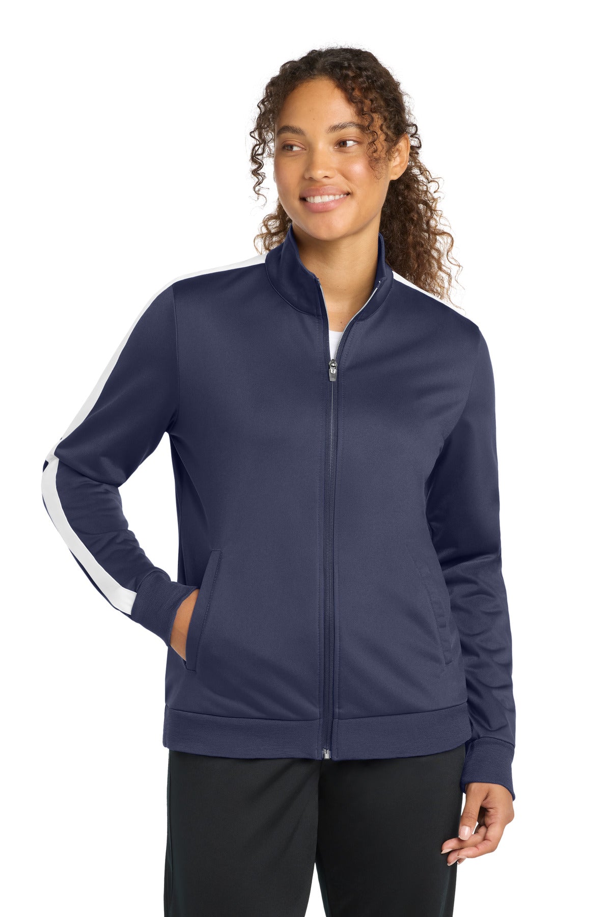 Custom Embroidery or DTF Print - Sport-Tek  ®  Women's Tricot Sleeve Stripe Track Jacket. LST94