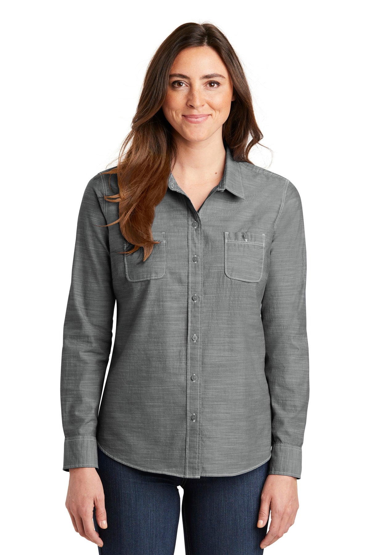 Custom Embroidery or DTF Print - Port Authority ®  Women's Slub Chambray Shirt. LW380