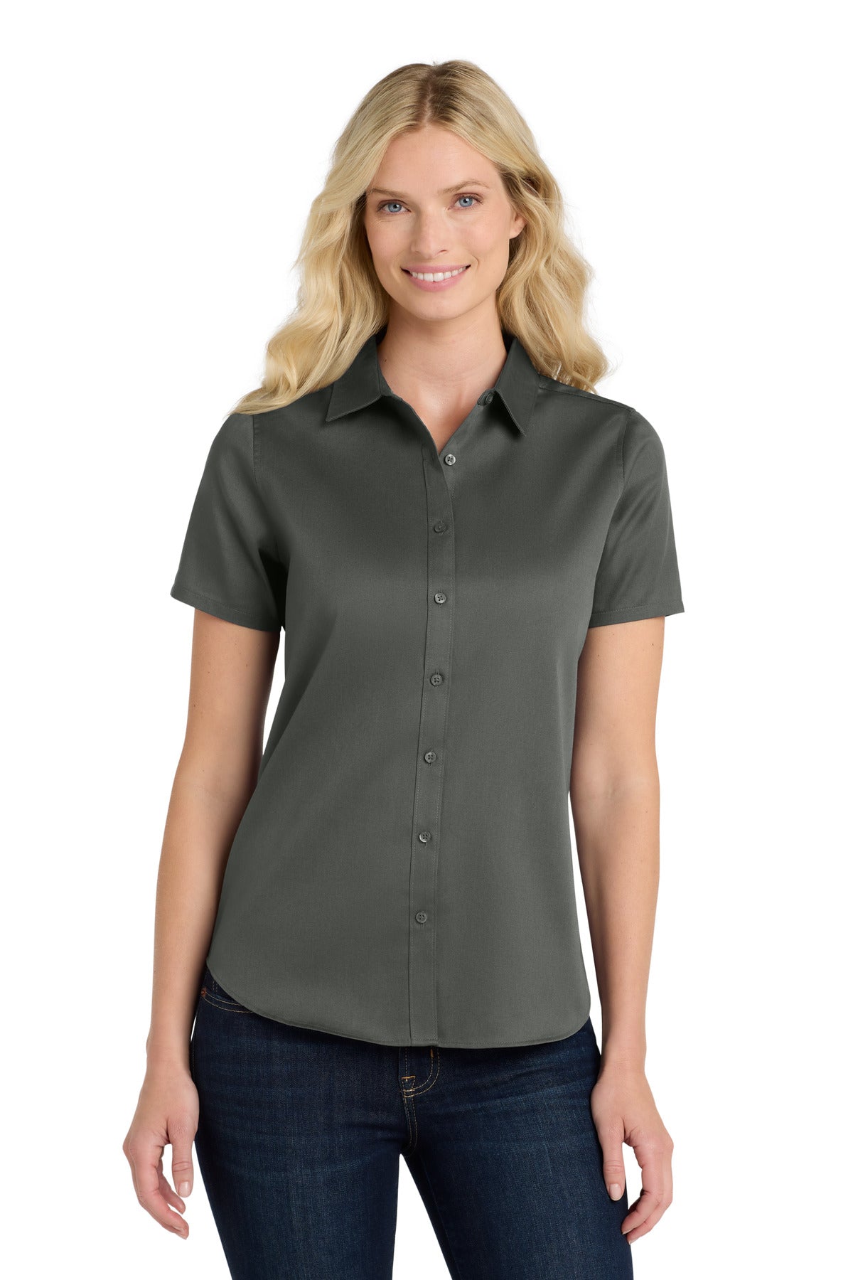 Custom Embroidery or DTF Print - Port Authority ®  Women's Short Sleeve SuperPro React ™ Twill Shirt. LW809