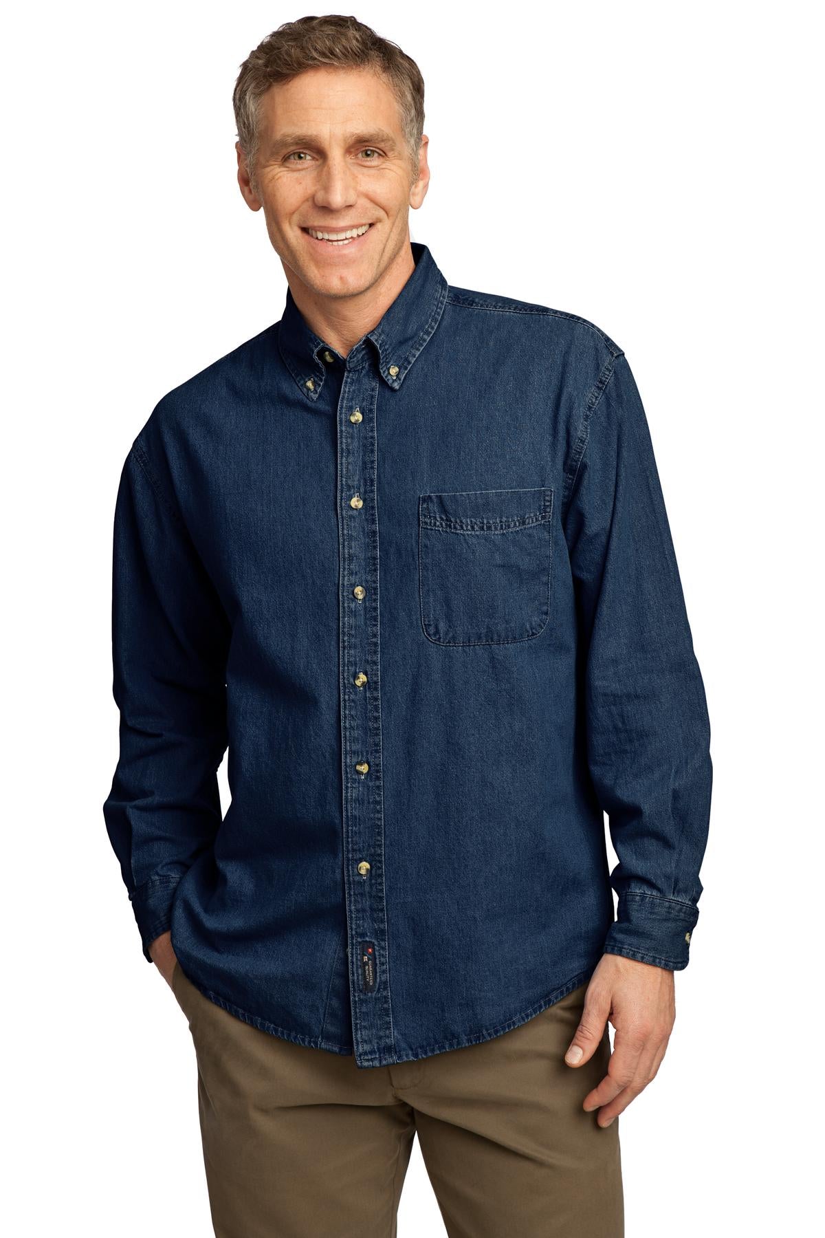 Custom Embroidered - Port & Company© - Long Sleeve Value Denim Shirt. SP10