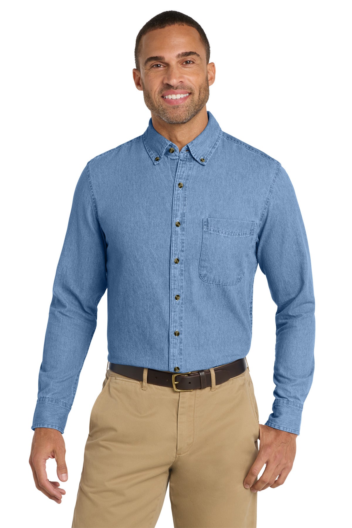 Custom Embroidery or DTF Print - Port & Co ®  Long Sleeve Value Denim Shirt. SP10