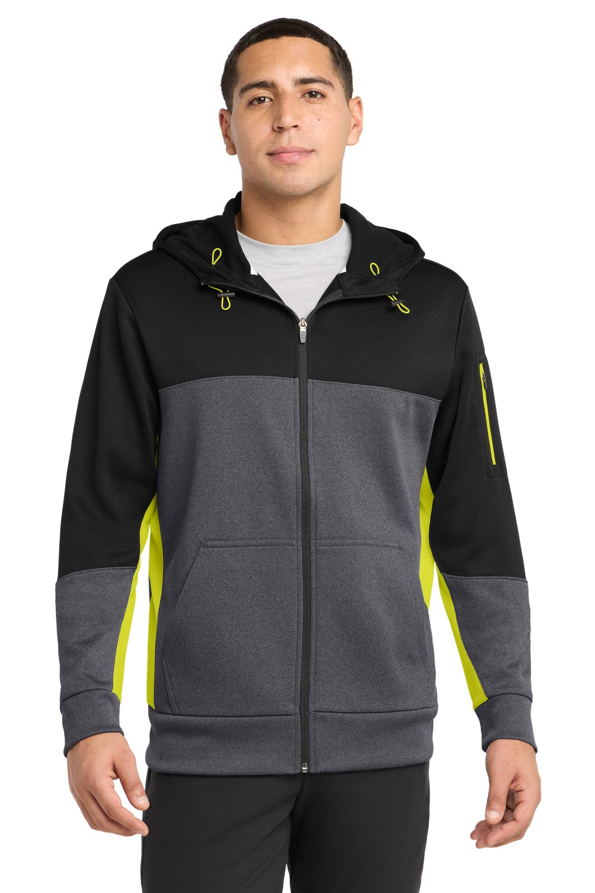 Custom Embroidery or DTF Print - Sport-Tek ®  Tech Fleece Colorblock Full-Zip Hooded Jacket. ST245
